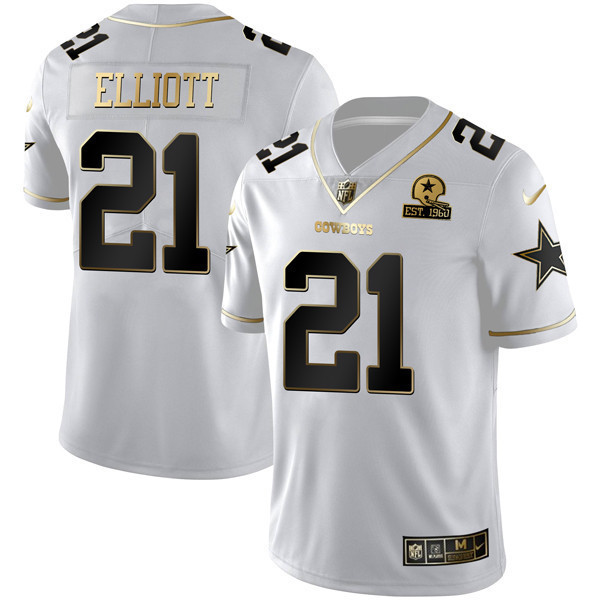Ezekiel Elliott Dallas Cowboys White Gold Est 1960 Patch Jersey - All Stitched 