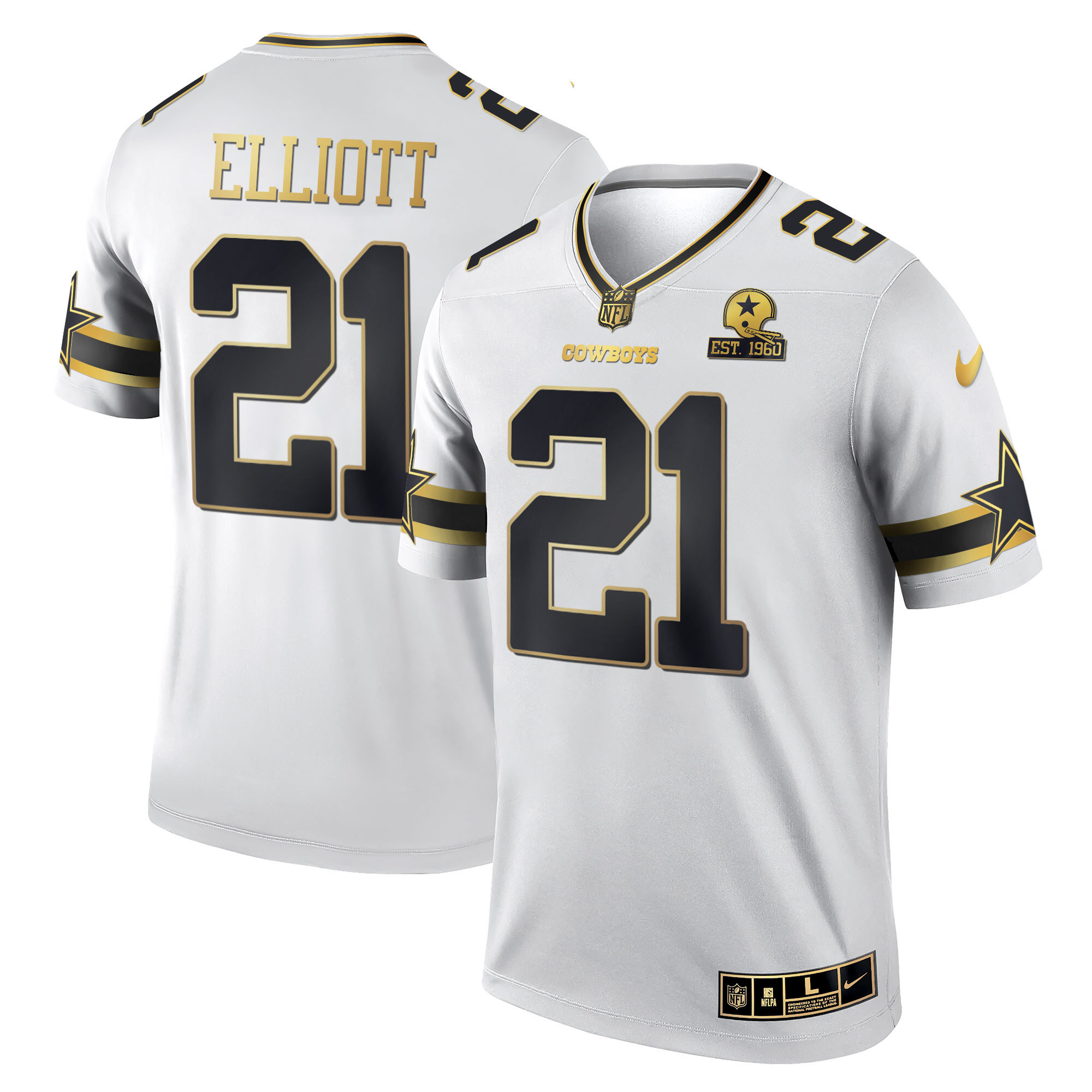 Ezekiel Elliott Men's Dallas Cowboys Black & White Gold Game Team Est 1960 Patch White Gold Jersey - All Stitched 