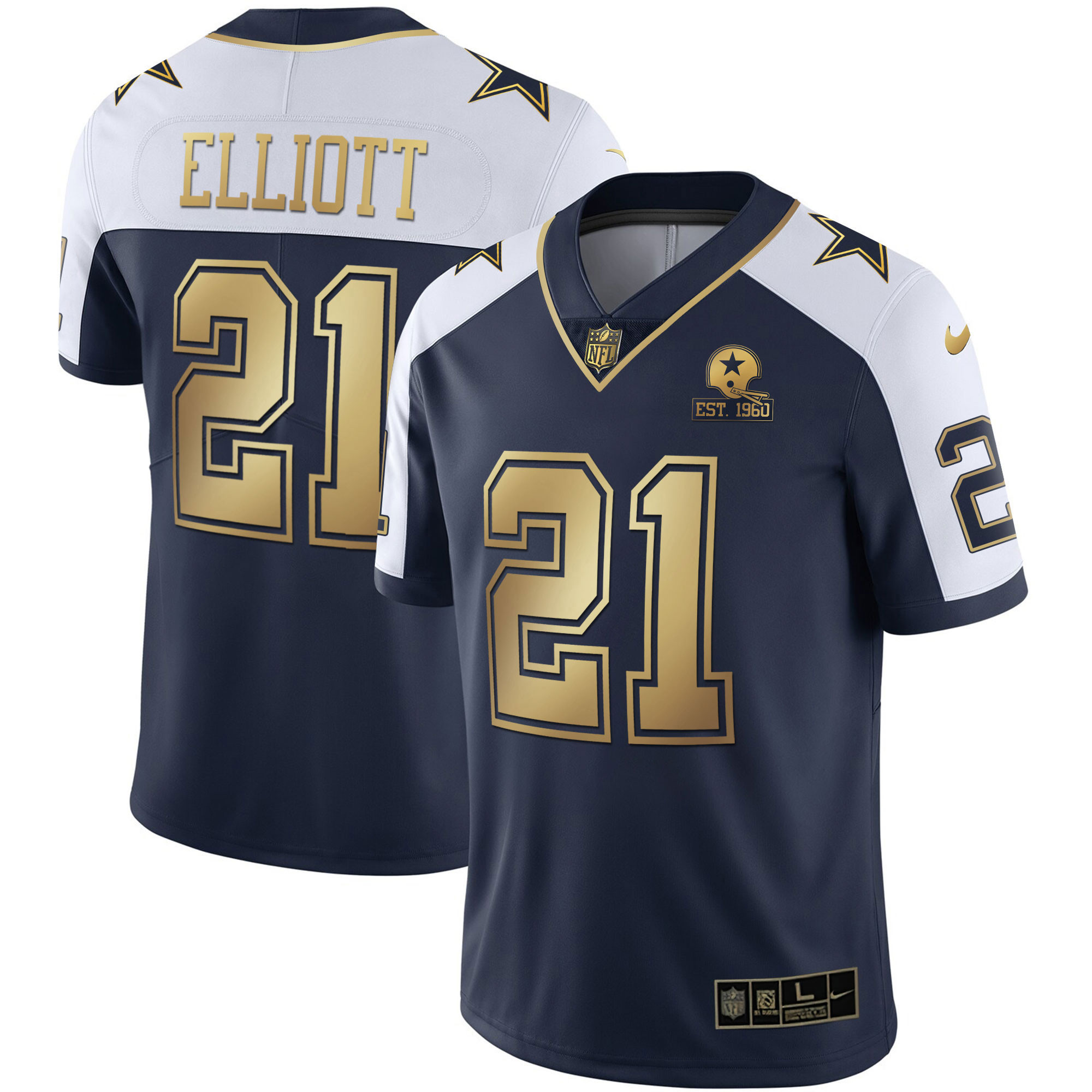 Ezekiel Elliott Men's Dallas Cowboys Gold & Split Vapor Est 1960 Patch Navy Alternate Jersey - All Stitched 