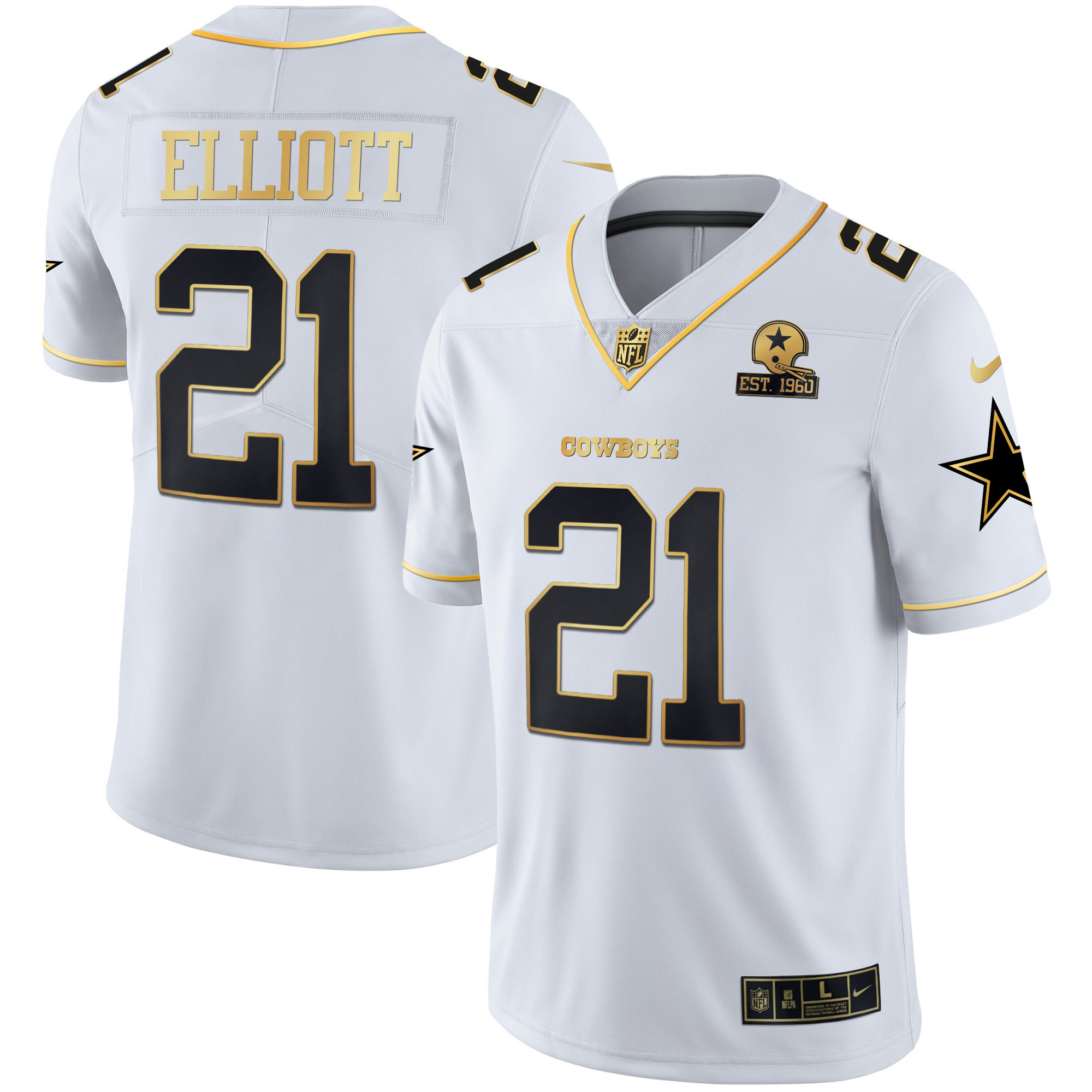 Ezekiel Elliott Men's Dallas Cowboys Gold & Split Vapor Est 1960 Patch White Gold Jersey - All Stitched 