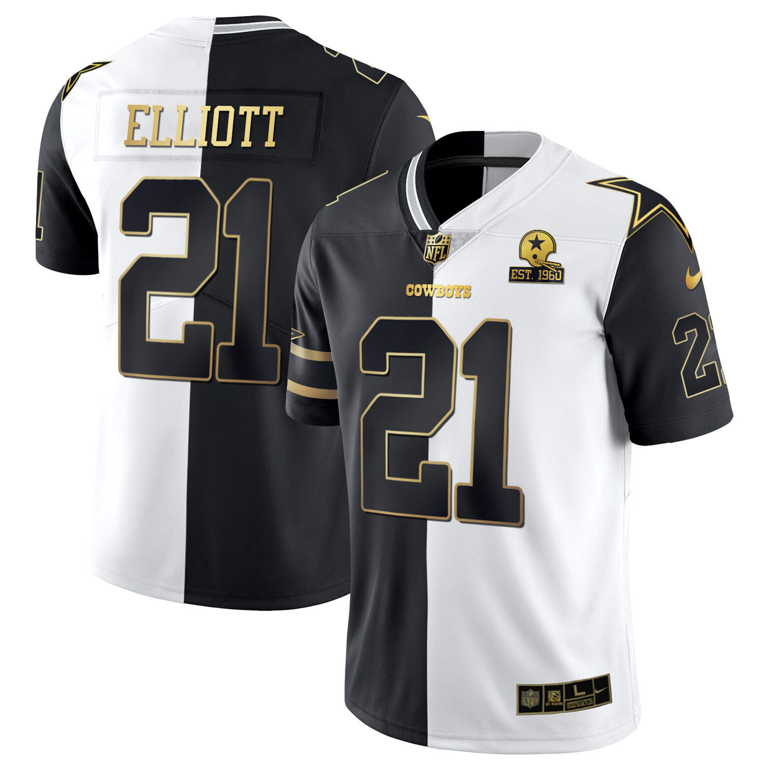 Ezekiel Elliott Men's Dallas Cowboys Split Est 1960 Patch Black White Gold Jersey - All Stitched 