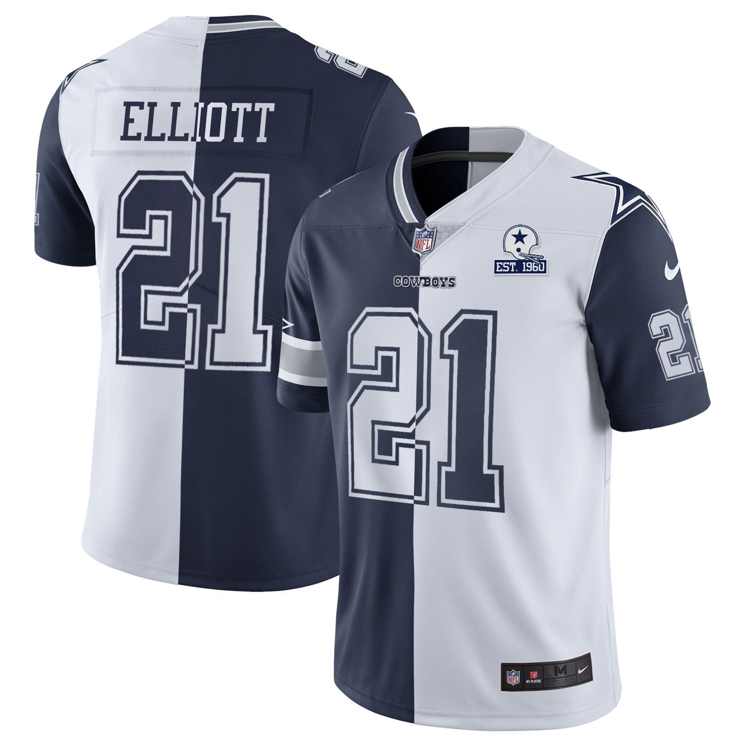 Ezekiel Elliott Men's Dallas Cowboys Split Est 1960 Patch Navy White Jersey - All Stitched 