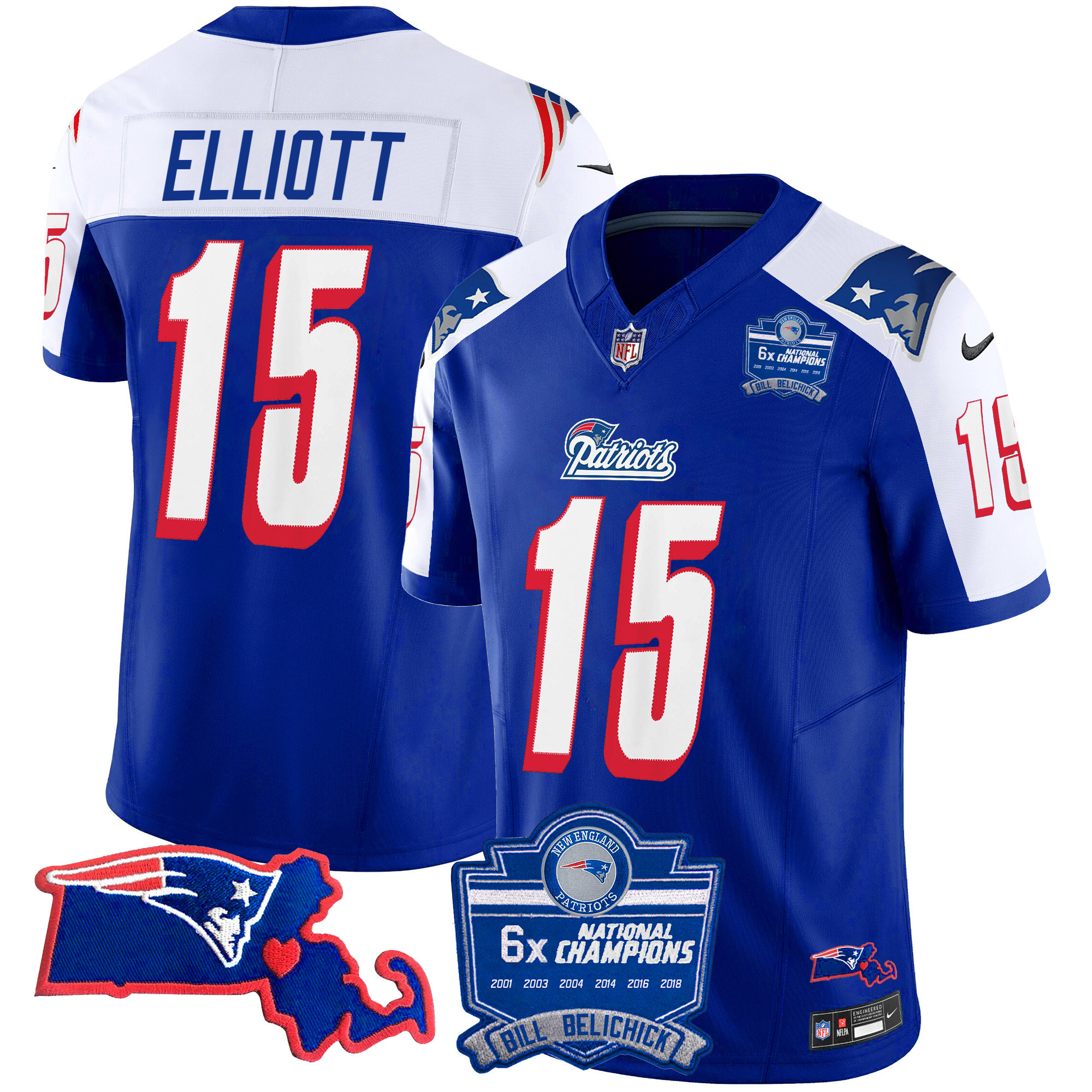 Ezekiel Elliott Men's New England Patriots Bill Belichick 6x Champions Patch Vapor 1996 Alternate Jersey - All Stitched 