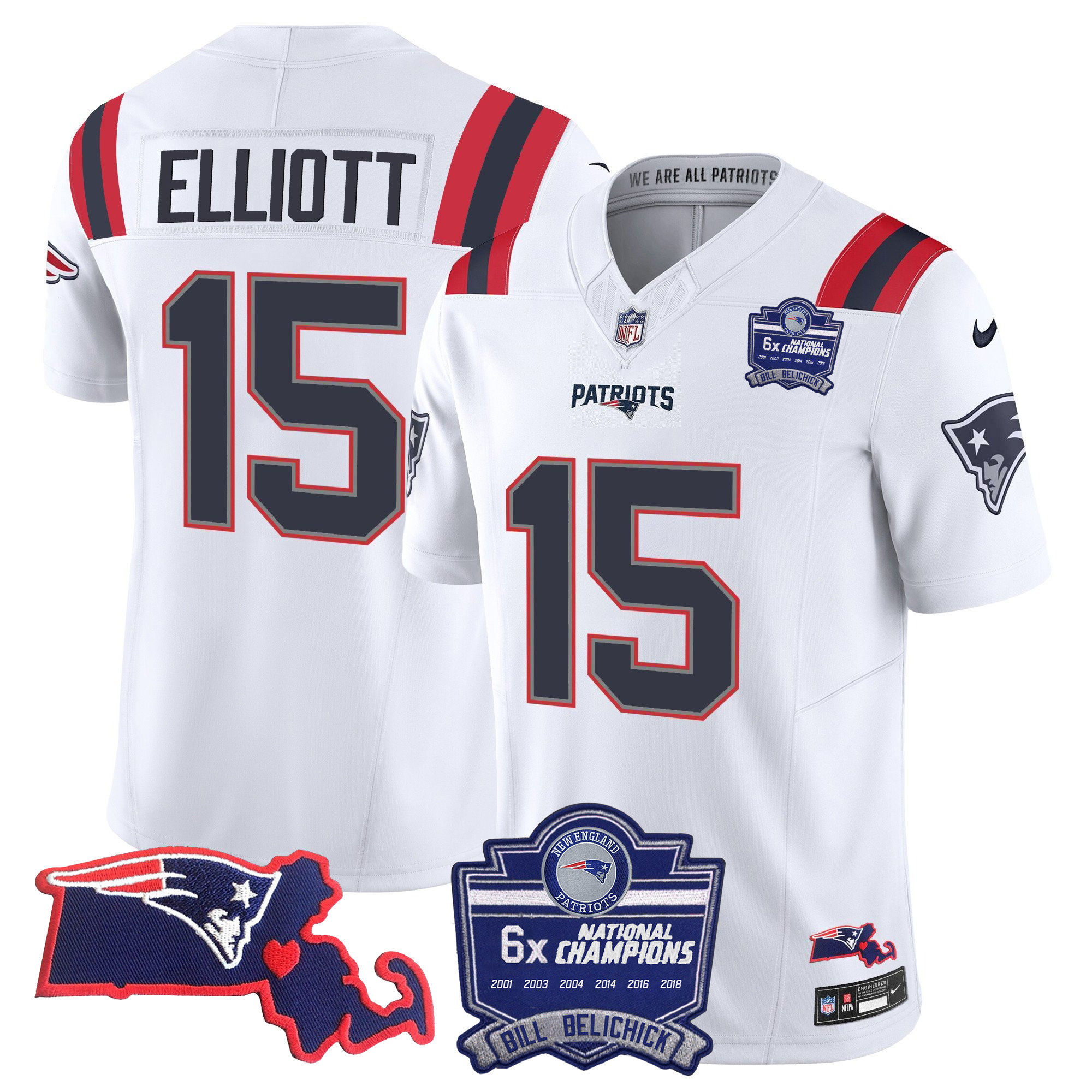Ezekiel Elliott Men's New England Patriots Bill Belichick 6x Champions Patch Vapor White Jersey - All Stitched 