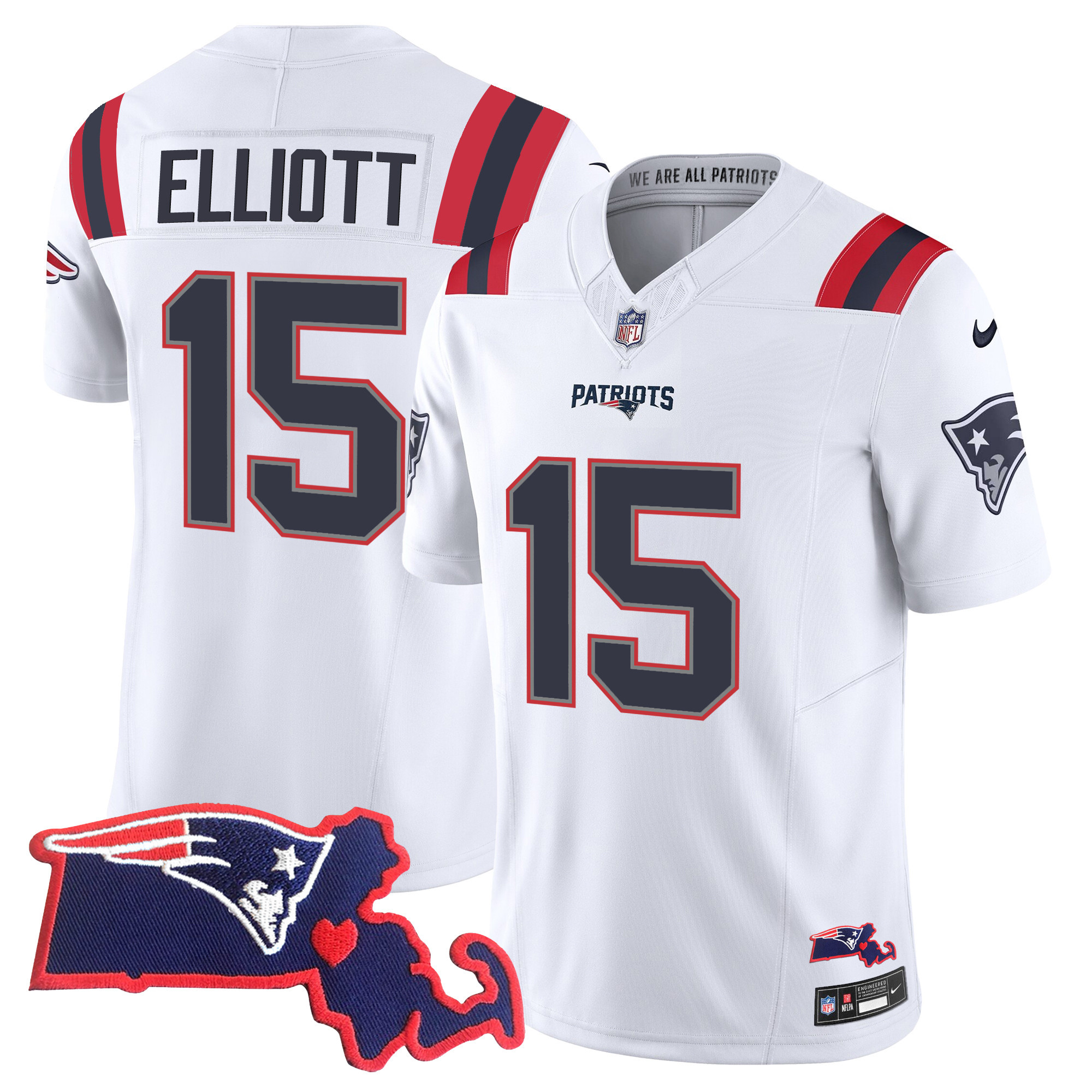 Ezekiel Elliott Men's New England Patriots Massachusetts Patch Vapor White Jersey - All Stitched 