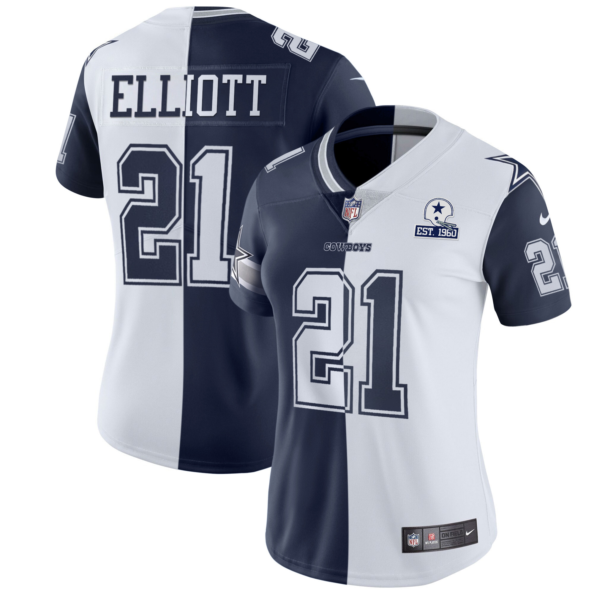 Ezekiel Elliott Women's Dallas Cowboys Black Gold & White Gold Split Jersey - All Stitched 