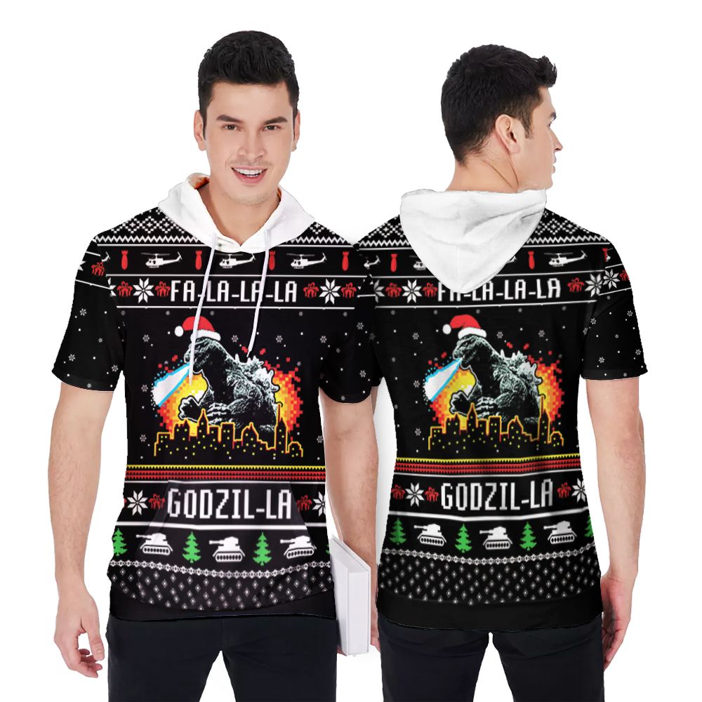 Fa La La Godzi La Godzila Christmas Patter 3D Printed Gift For Godzila Fan Short Sleeve Hoodie