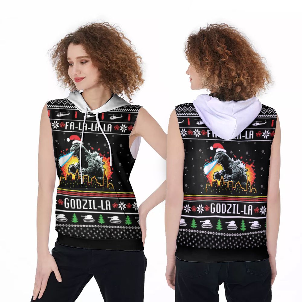 Fa La La Godzi La Godzila Christmas Patter 3D Printed Gift For Godzila Fan Sleeveless Hoodie