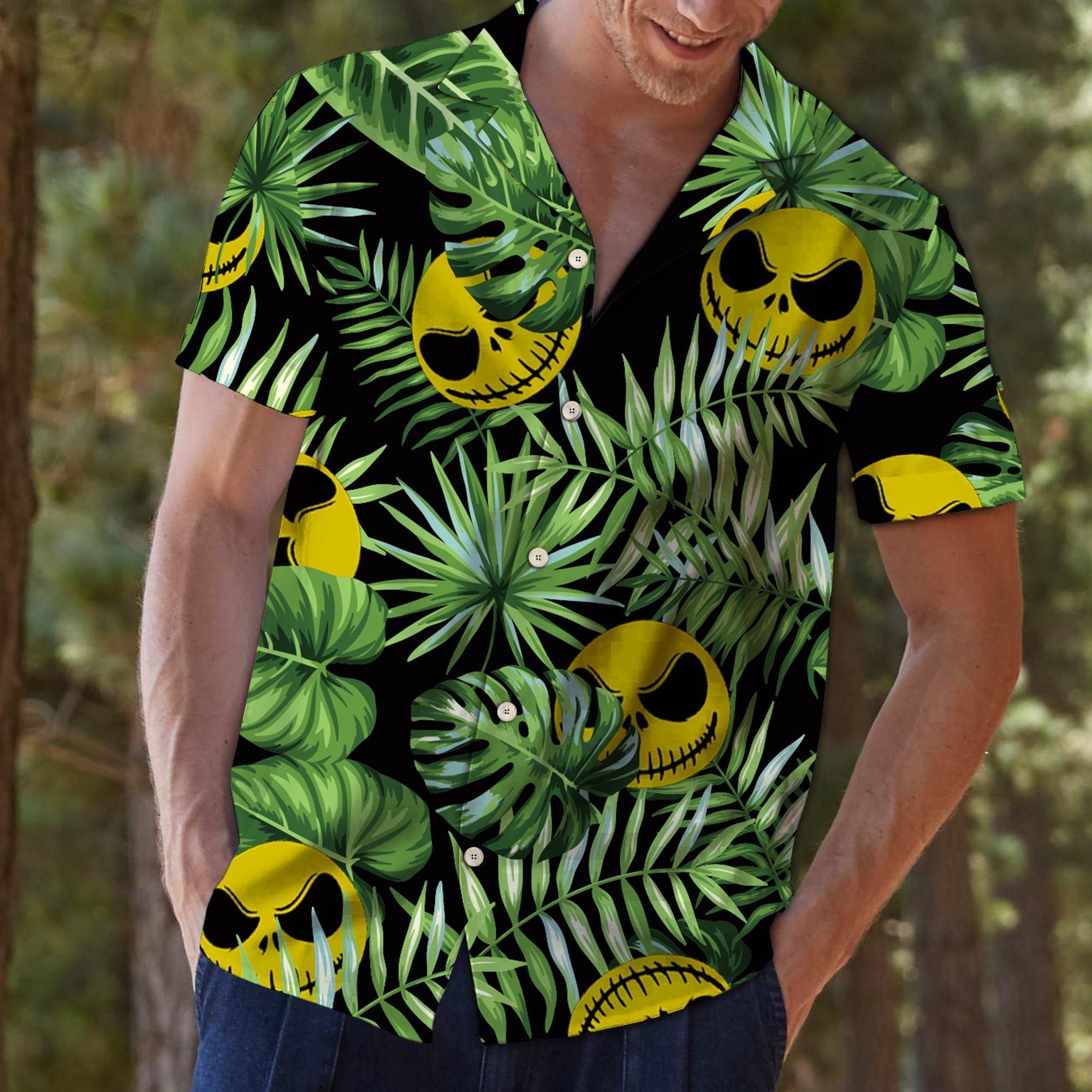 Felobo Hawaii Shirt Jack Skellington Green Tropical G5706