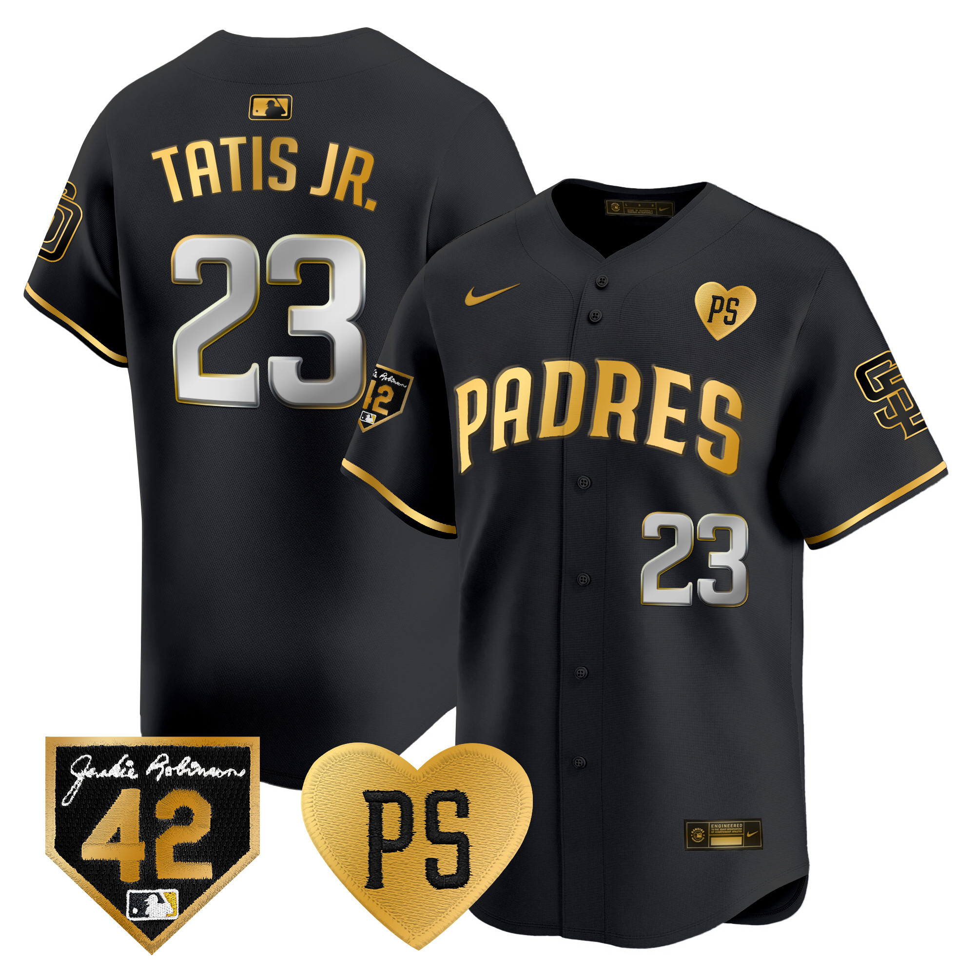 Fernando Tatis Jr. Men's San Diego Padres 2024 "For Peter" & Robinson Patch Vapor Premier Limited Black Gold Jersey - All Stitched