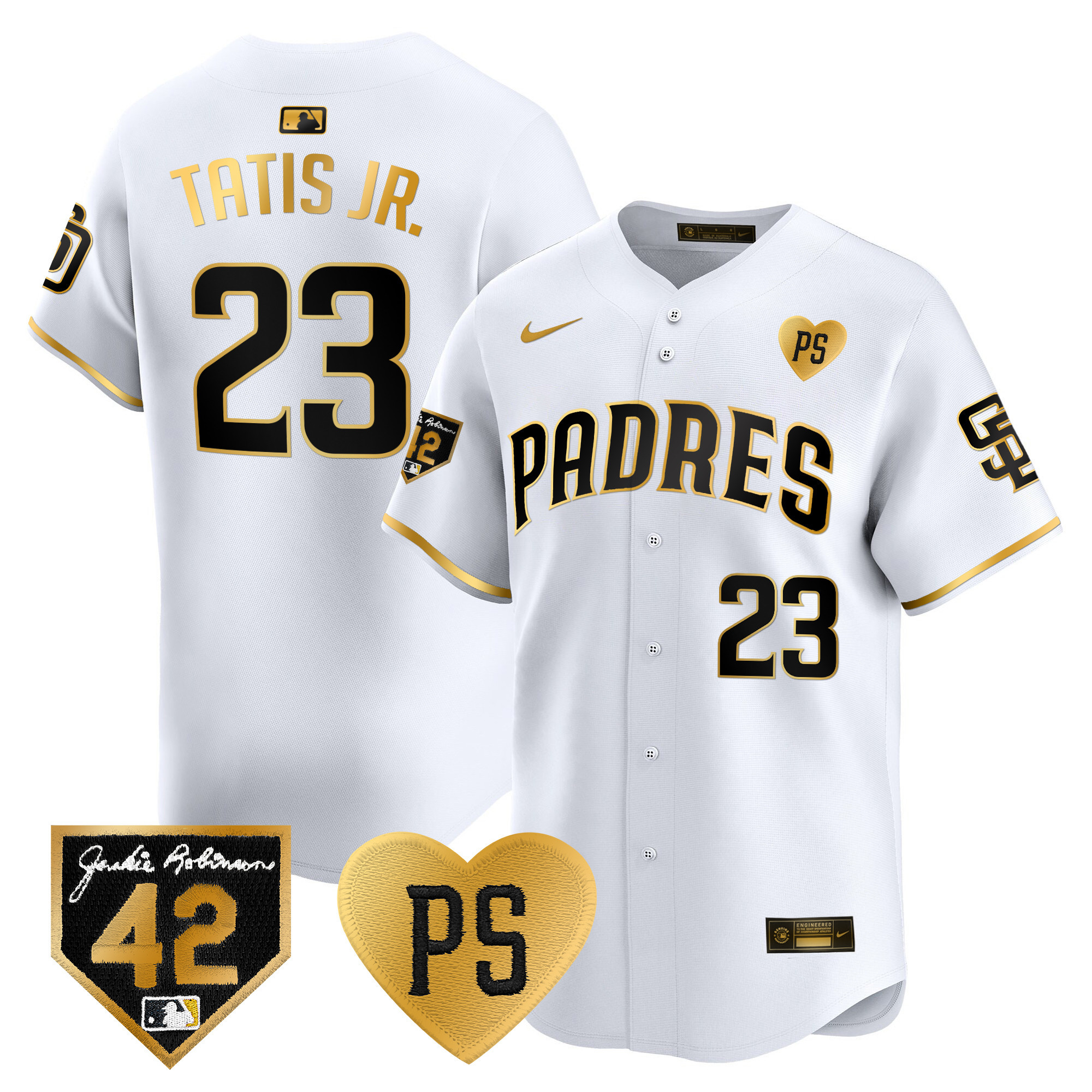 Fernando Tatis Jr. Men's San Diego Padres 2024 "For Peter" & Robinson Patch Vapor Premier Limited White Gold Jersey - All Stitched