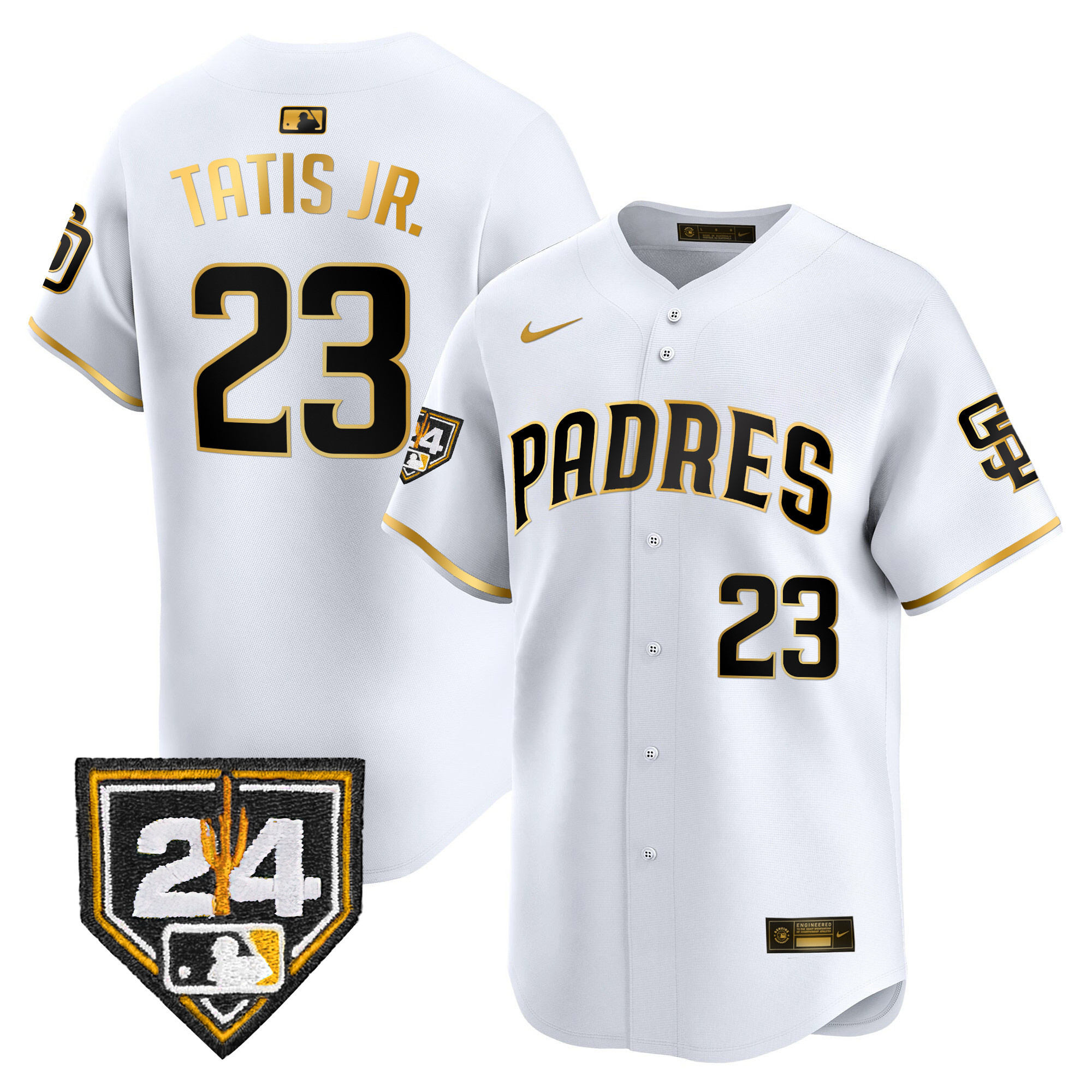 Fernando Tatis Jr. Men's San Diego Padres 2024 Spring Training Patch Vapor Premier Limited White Gold Jersey - All Stitched