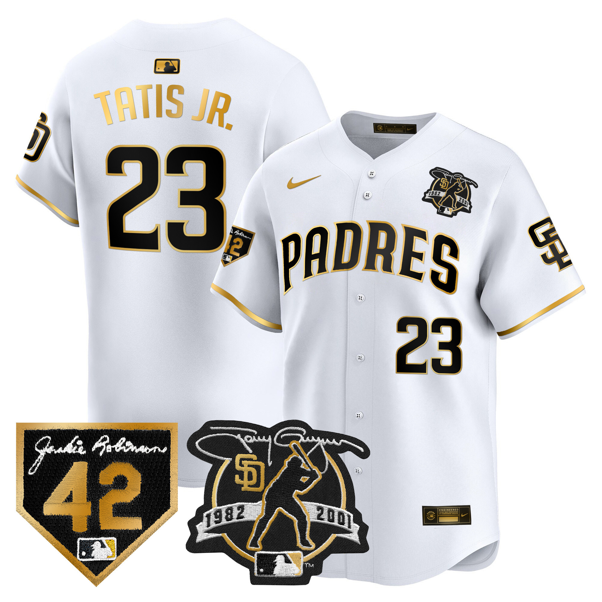 Fernando Tatis Jr. Men's San Diego Padres 2024 Tony Gwynn & Robinson Patch Vapor Premier Limited White Gold Jersey - All Stitched