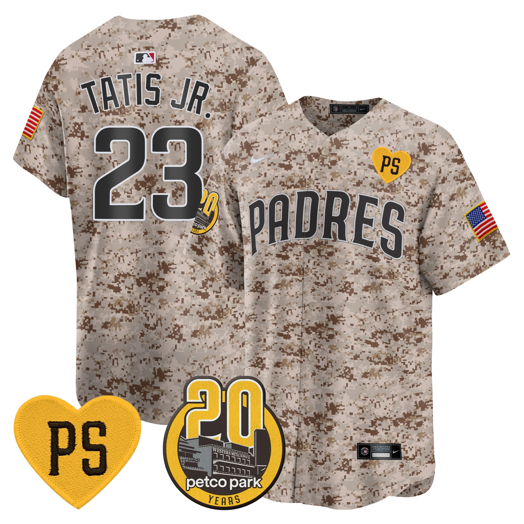Fernando Tatis Jr. Men's San Diego Padres "For Peter" & Petco Park 20th Patch USMC Vapor Premier Limited Desert Jersey - All Stitched