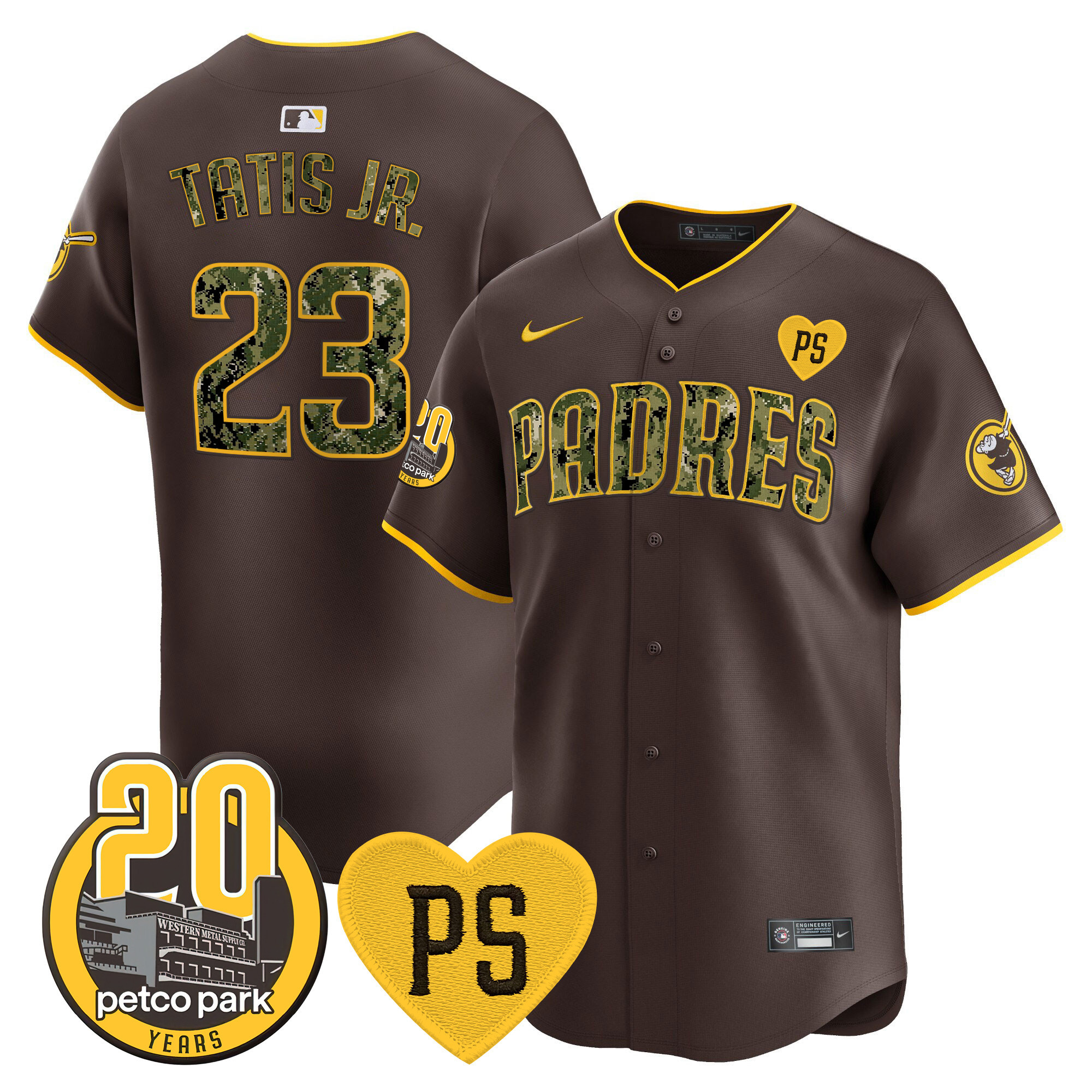 Fernando Tatis Jr. Men's San Diego Padres "For Peter" & Petco Park 20th Patch USMC Vapor Premier Limited V2 Brown Jersey - All Stitched