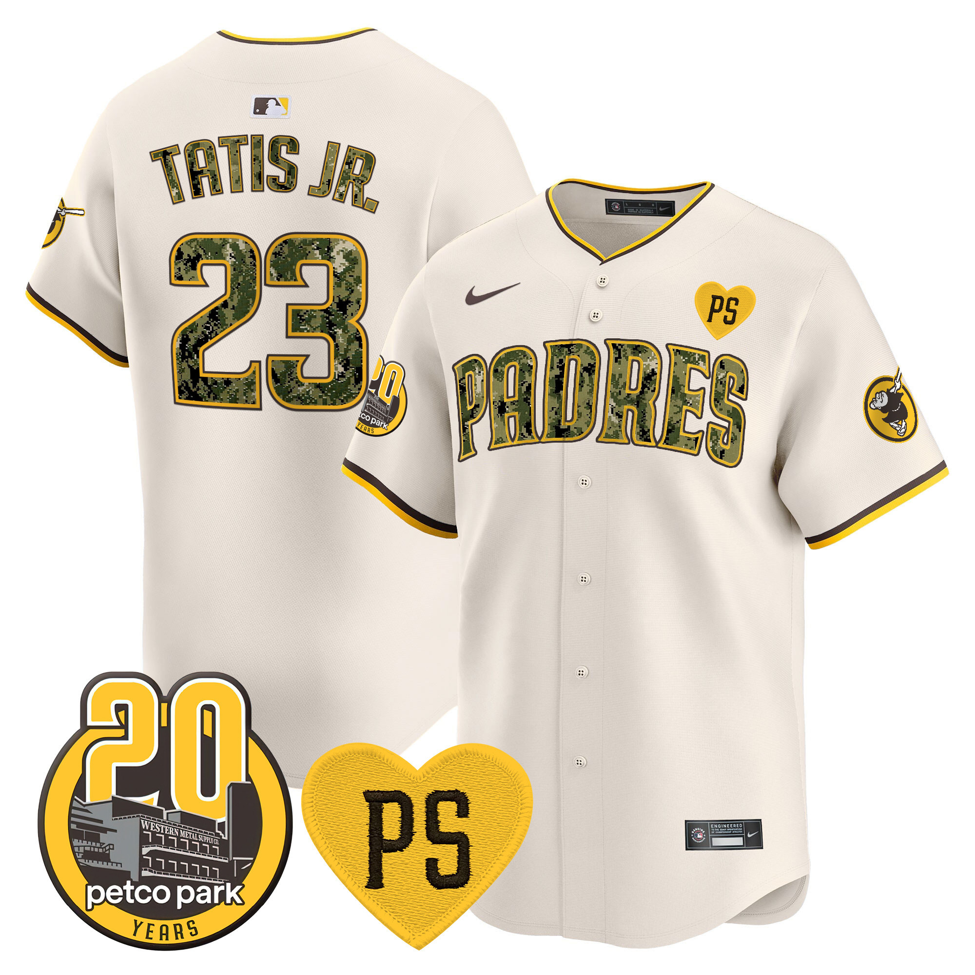 Fernando Tatis Jr. Men's San Diego Padres "For Peter" & Petco Park 20th Patch USMC Vapor Premier Limited V2 Cream Jersey - All Stitched