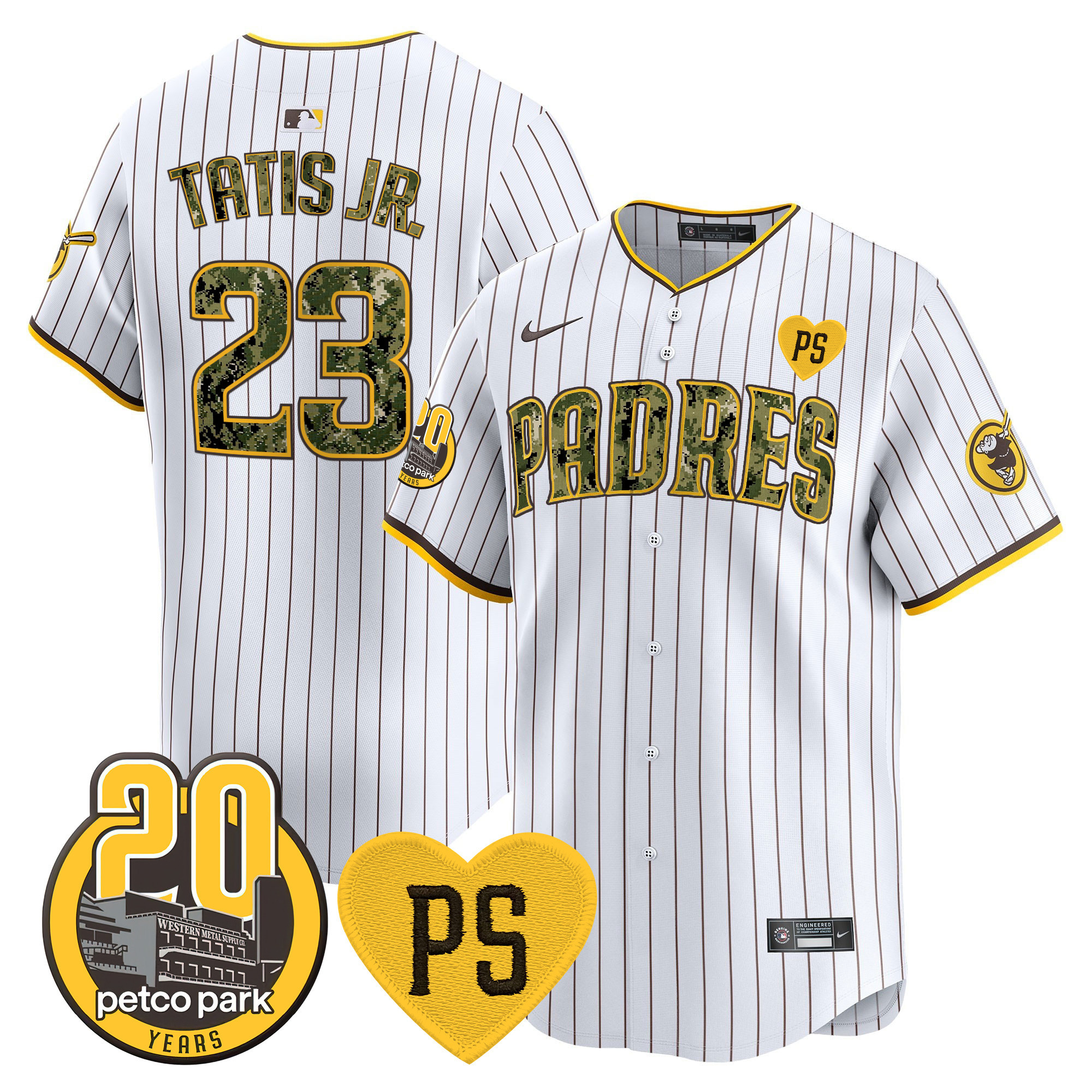 Fernando Tatis Jr. Men's San Diego Padres "For Peter" & Petco Park 20th Patch USMC Vapor Premier Limited V2 Pinstripe Jersey - All Stitched
