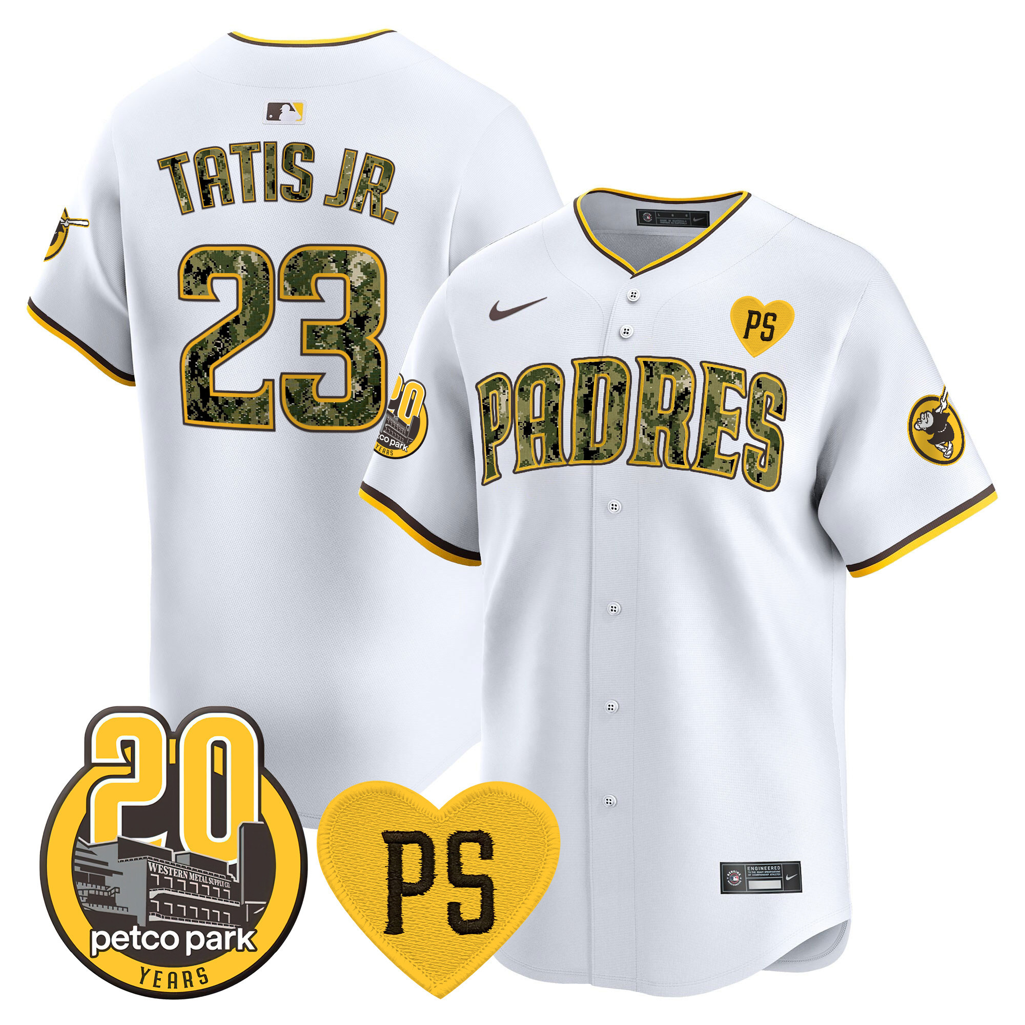 Fernando Tatis Jr. Men's San Diego Padres "For Peter" & Petco Park 20th Patch USMC Vapor Premier Limited V2 White Jersey - All Stitched