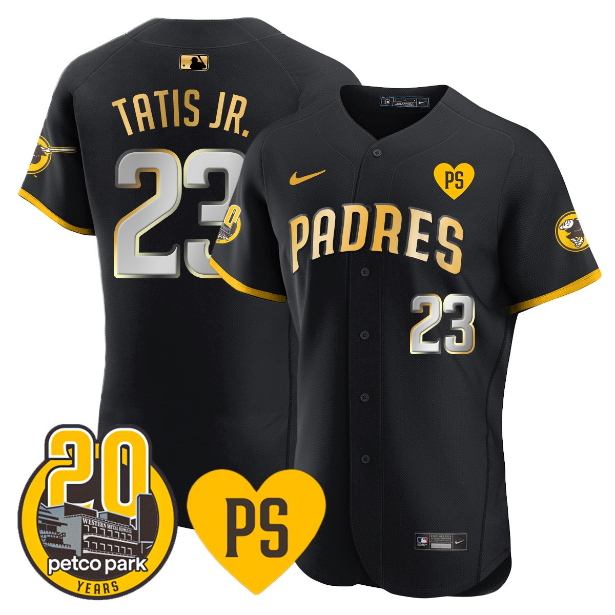 Fernando Tatis Jr. Men's San Diego Padres "For Peter" & Petco Park 20th Patch Vapor Premier Elite Black Gold Jersey - All Stitched