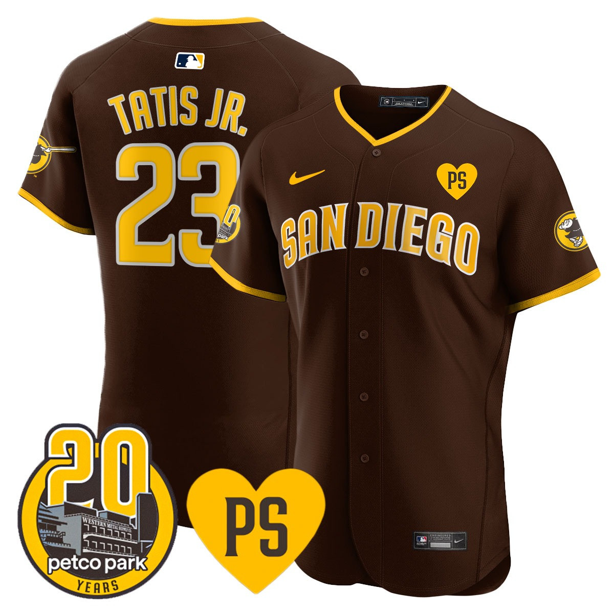Fernando Tatis Jr. Men's San Diego Padres "For Peter" & Petco Park 20th Patch Vapor Premier Elite Brown Jersey - All Stitched