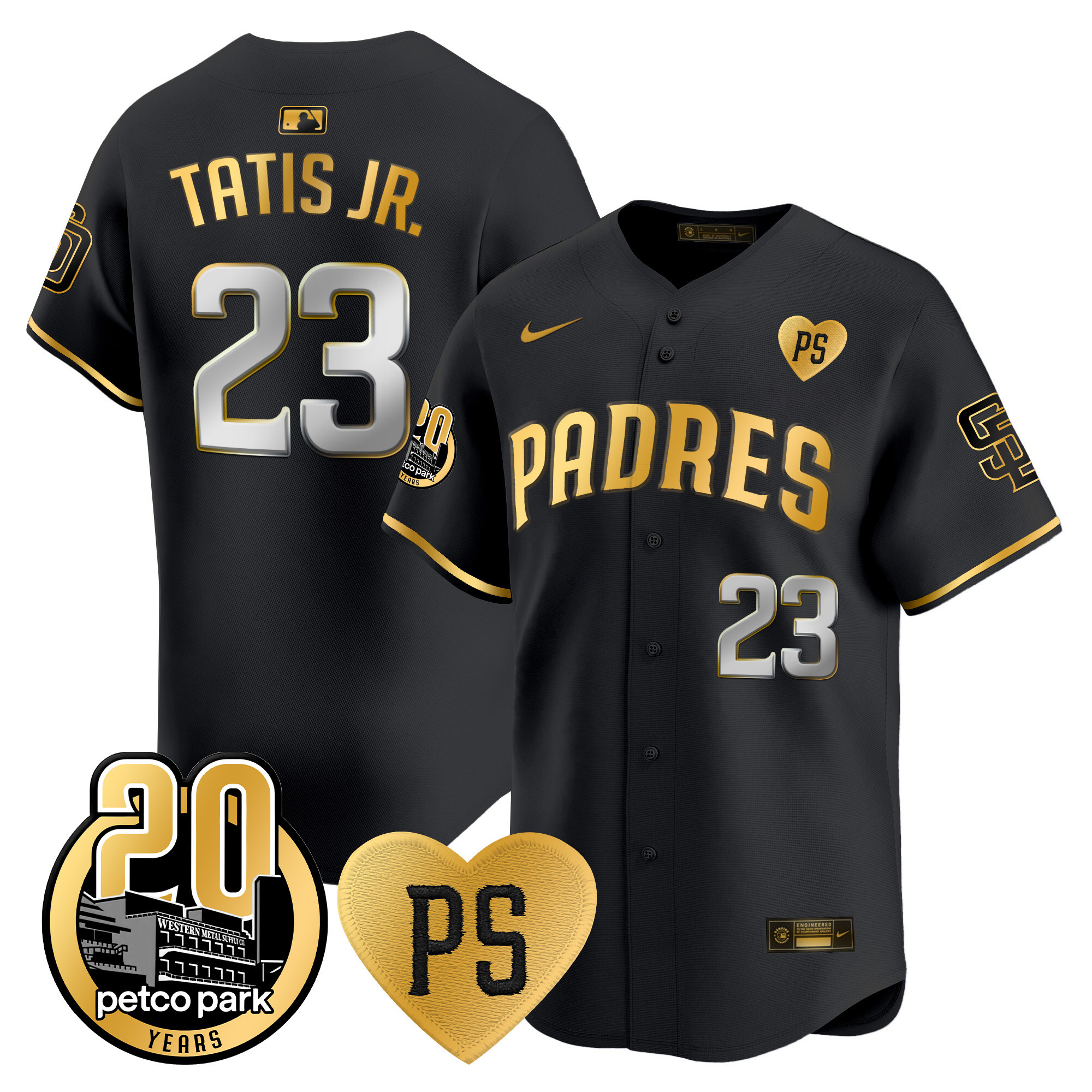 Fernando Tatis Jr. Men's San Diego Padres "For Peter" & Petco Park 20th Patch Vapor Premier Limited Black Gold Jersey - All Stitched