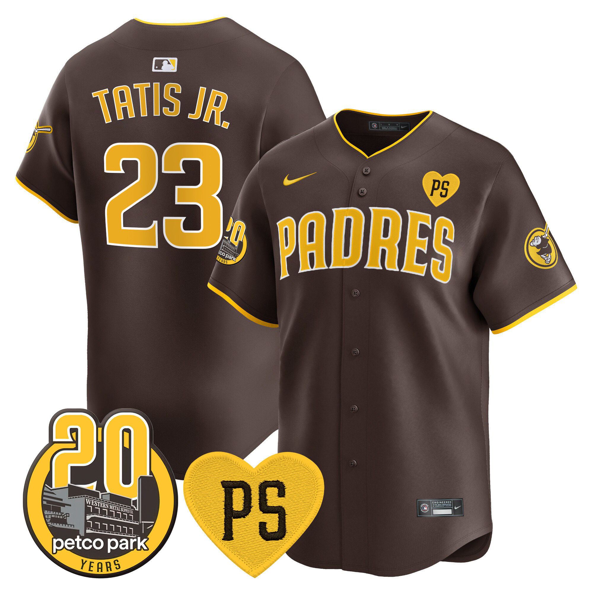 Fernando Tatis Jr. Men's San Diego Padres "For Peter" & Petco Park 20th Patch Vapor Premier Limited Brown Jersey - All Stitched