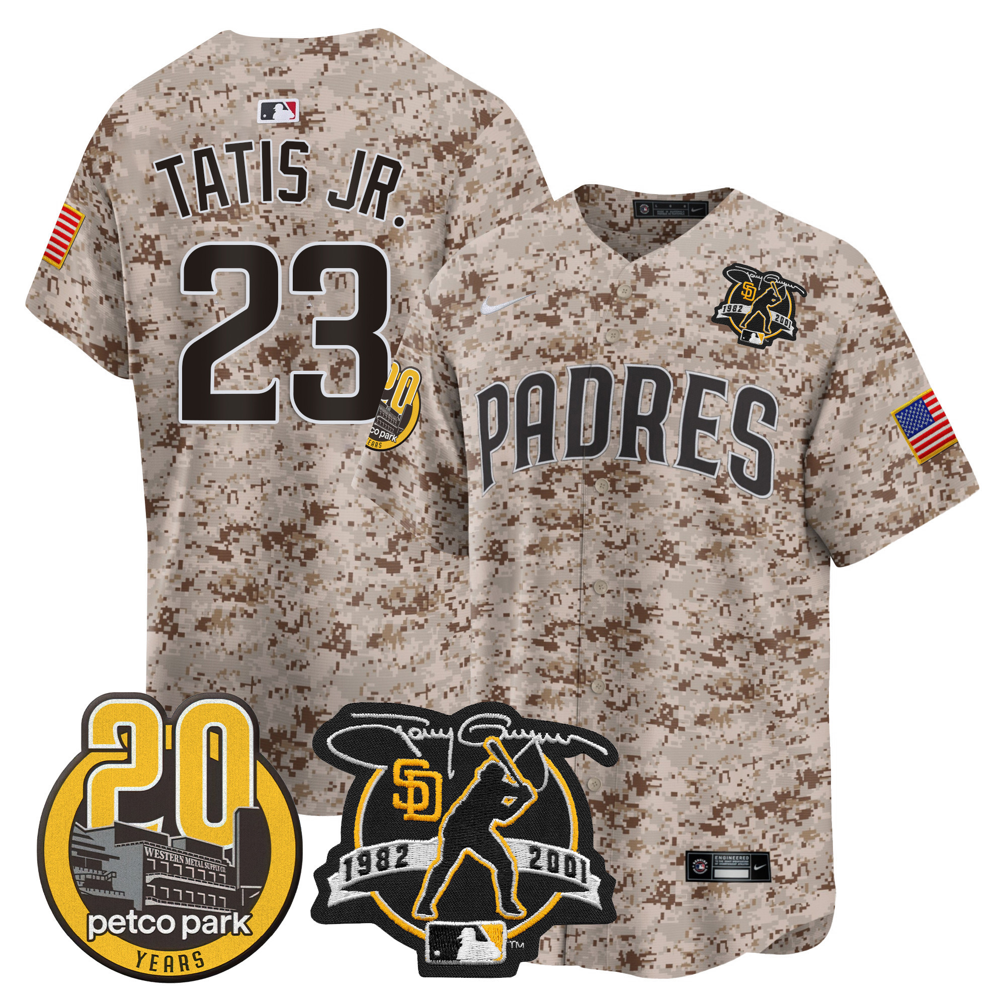 Fernando Tatis Jr. Men's San Diego Padres Tony Gwynn & Petco Park 20th Patch USMC Vapor Premier Limited Desert Jersey - All Stitched