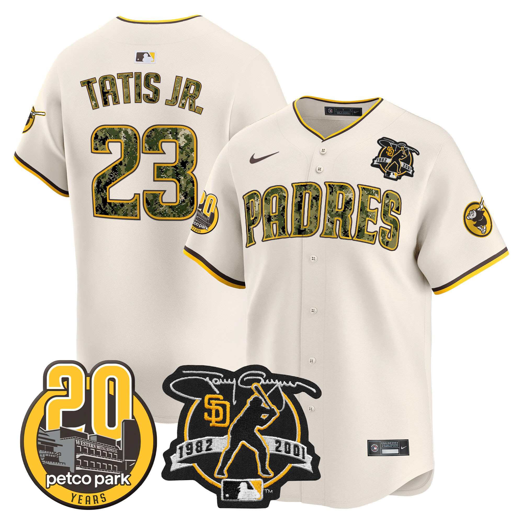 Fernando Tatis Jr. Men's San Diego Padres Tony Gwynn & Petco Park 20th Patch USMC Vapor Premier Limited V2 Cream Jersey - All Stitched