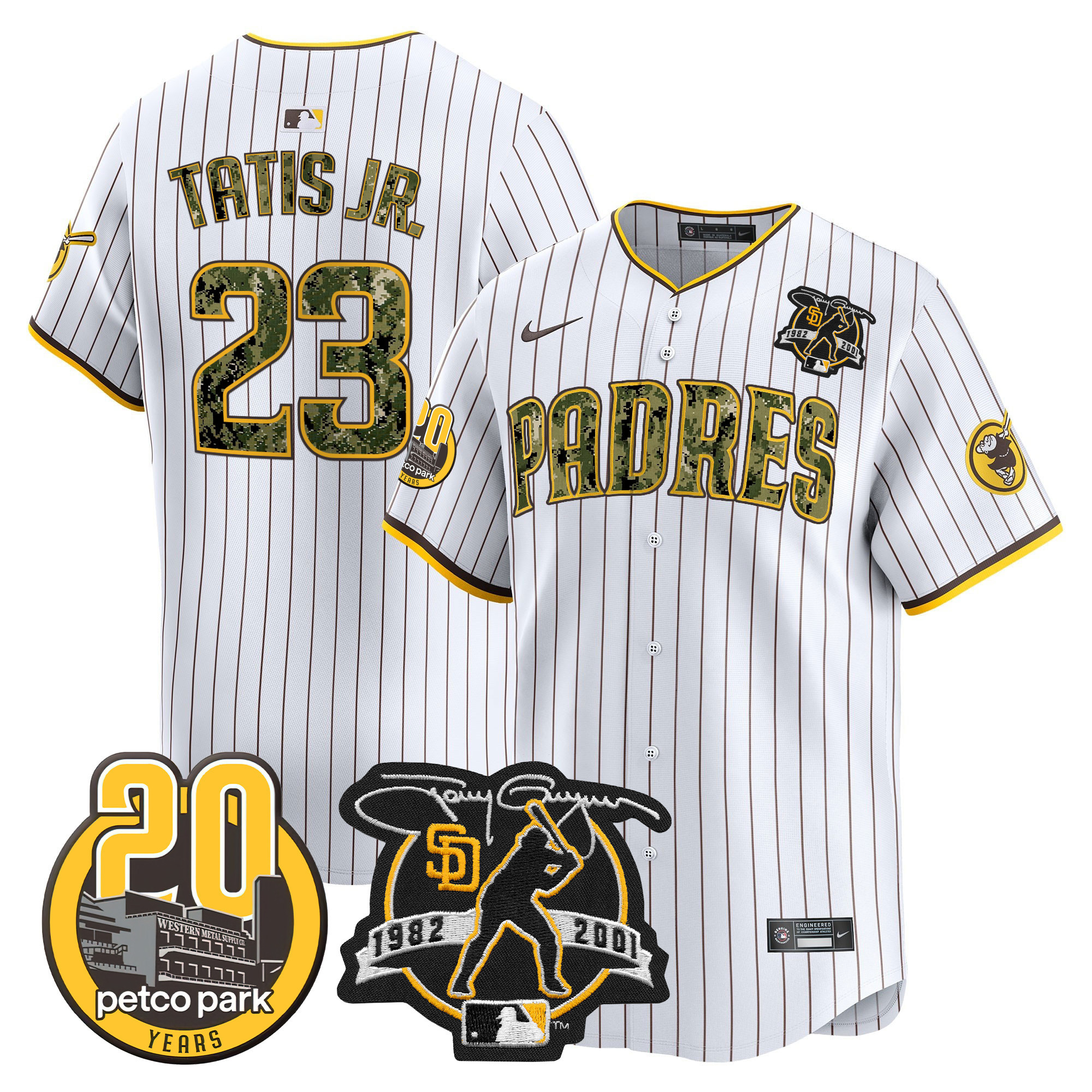 Fernando Tatis Jr. Men's San Diego Padres Tony Gwynn & Petco Park 20th Patch USMC Vapor Premier Limited V2 Pinstripe Jersey - All Stitched