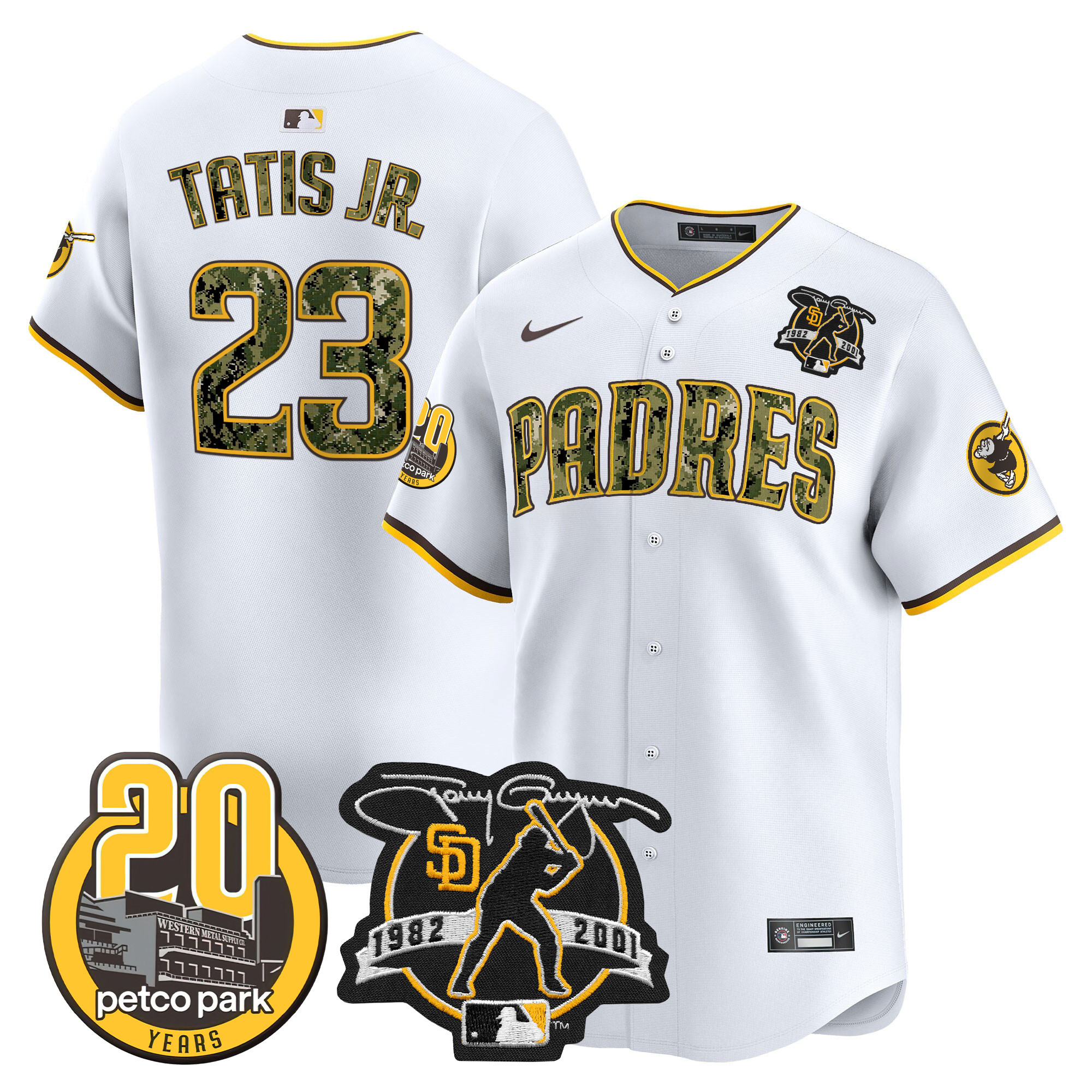 Fernando Tatis Jr. Men's San Diego Padres Tony Gwynn & Petco Park 20th Patch USMC Vapor Premier Limited V2 White Jersey - All Stitched