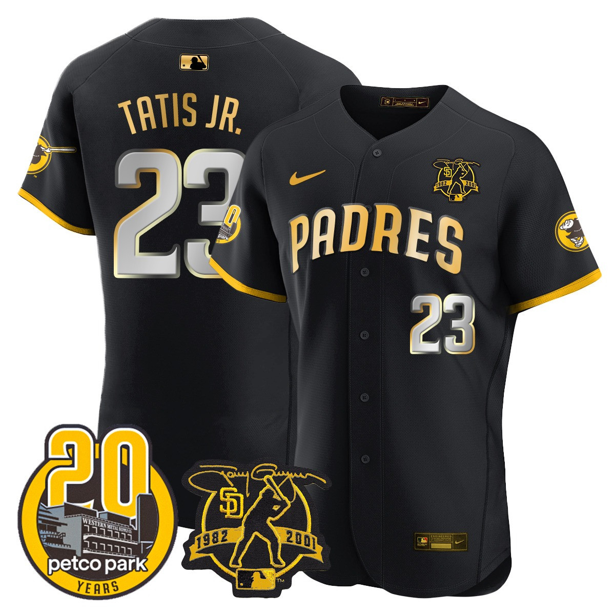 Fernando Tatis Jr. Men's San Diego Padres Tony Gwynn & Petco Park 20th Patch Vapor Premier Elite Black Gold Jersey - All Stitched