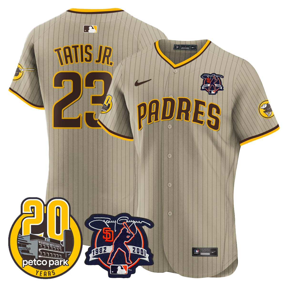 Fernando Tatis Jr. Men's San Diego Padres Tony Gwynn & Petco Park 20th Patch Vapor Premier Elite Tan Jersey - All Stitched