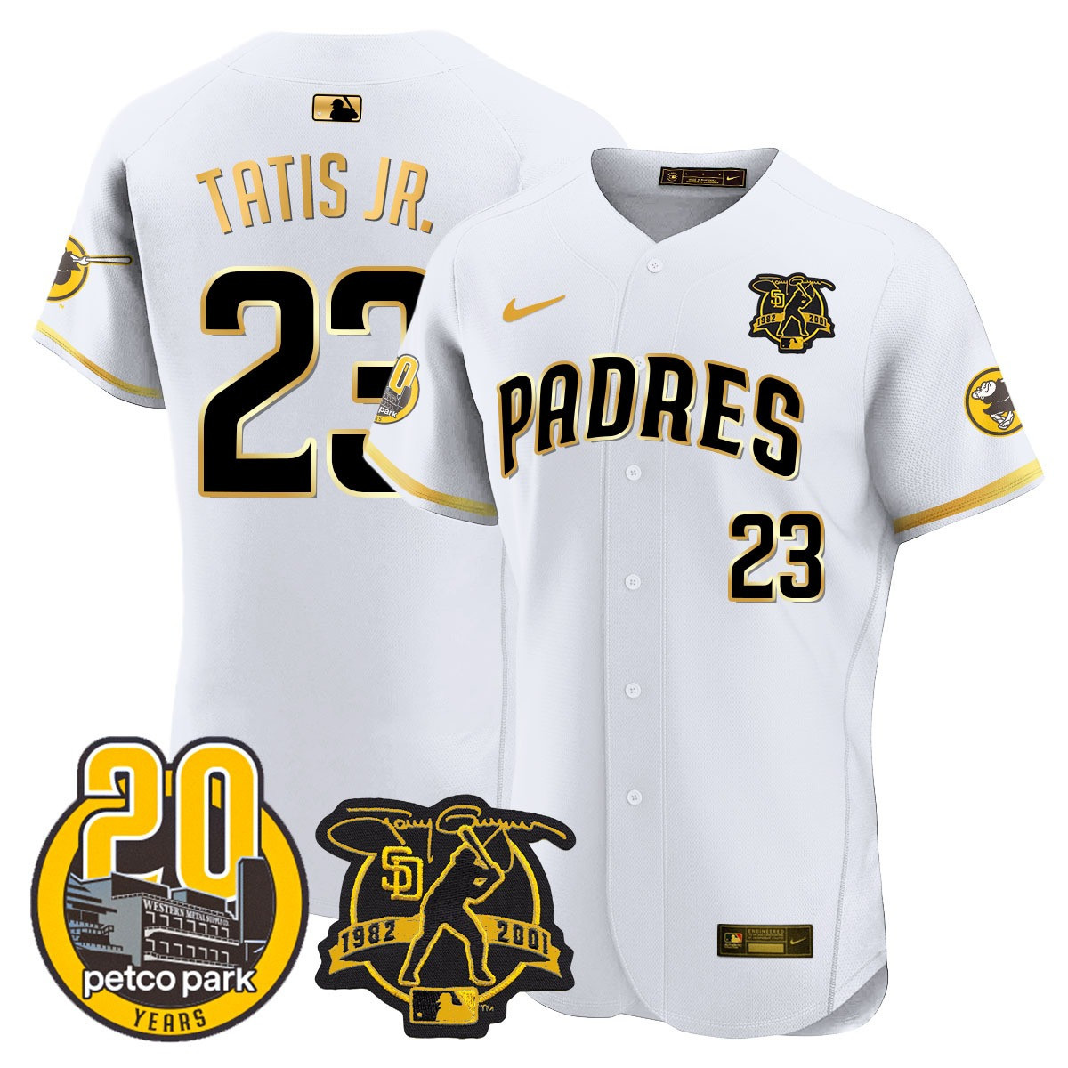 Fernando Tatis Jr. Men's San Diego Padres Tony Gwynn & Petco Park 20th Patch Vapor Premier Elite White Gold Jersey - All Stitched