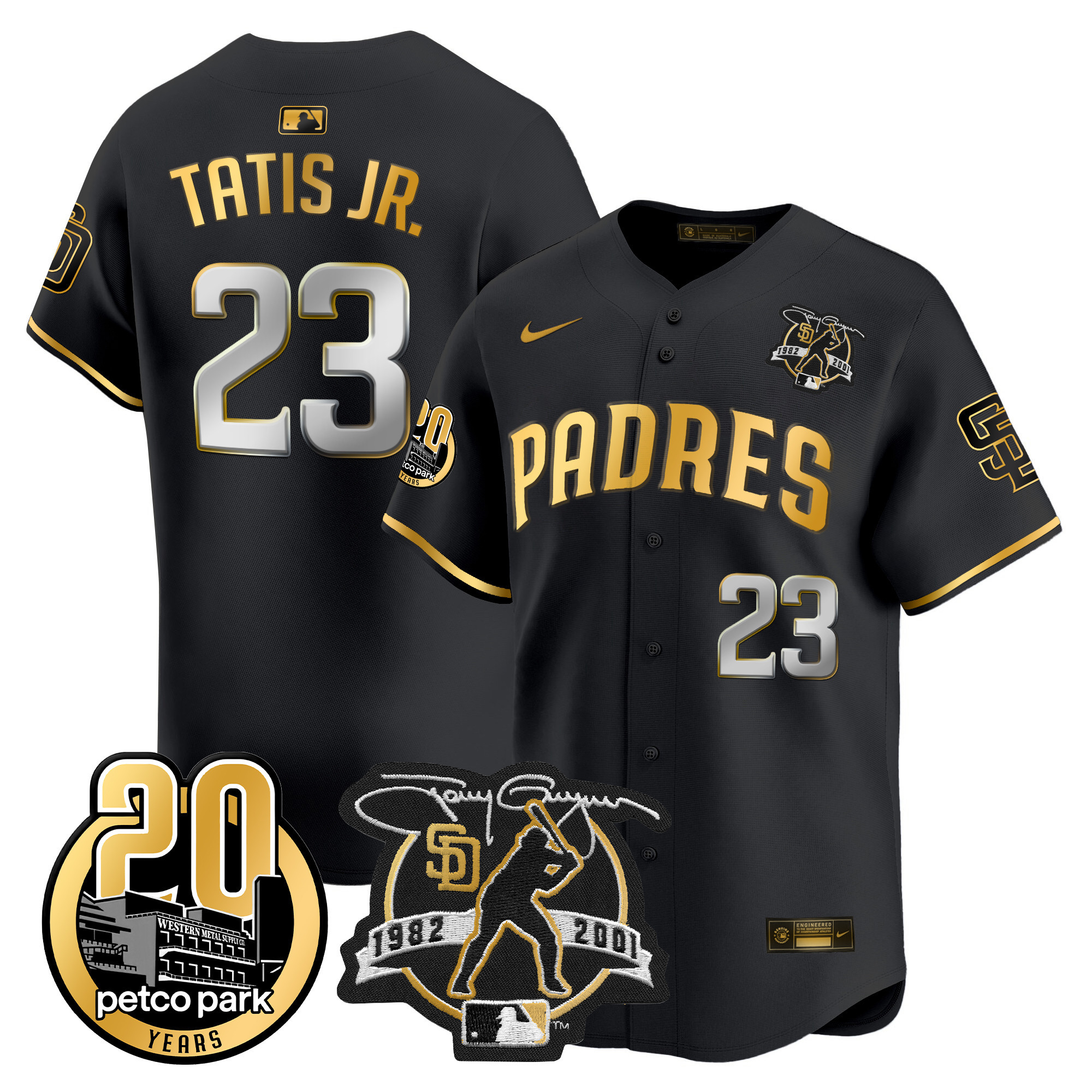 Fernando Tatis Jr. Men's San Diego Padres Tony Gwynn & Petco Park 20th Patch Vapor Premier Limited Black Gold Jersey - All Stitched
