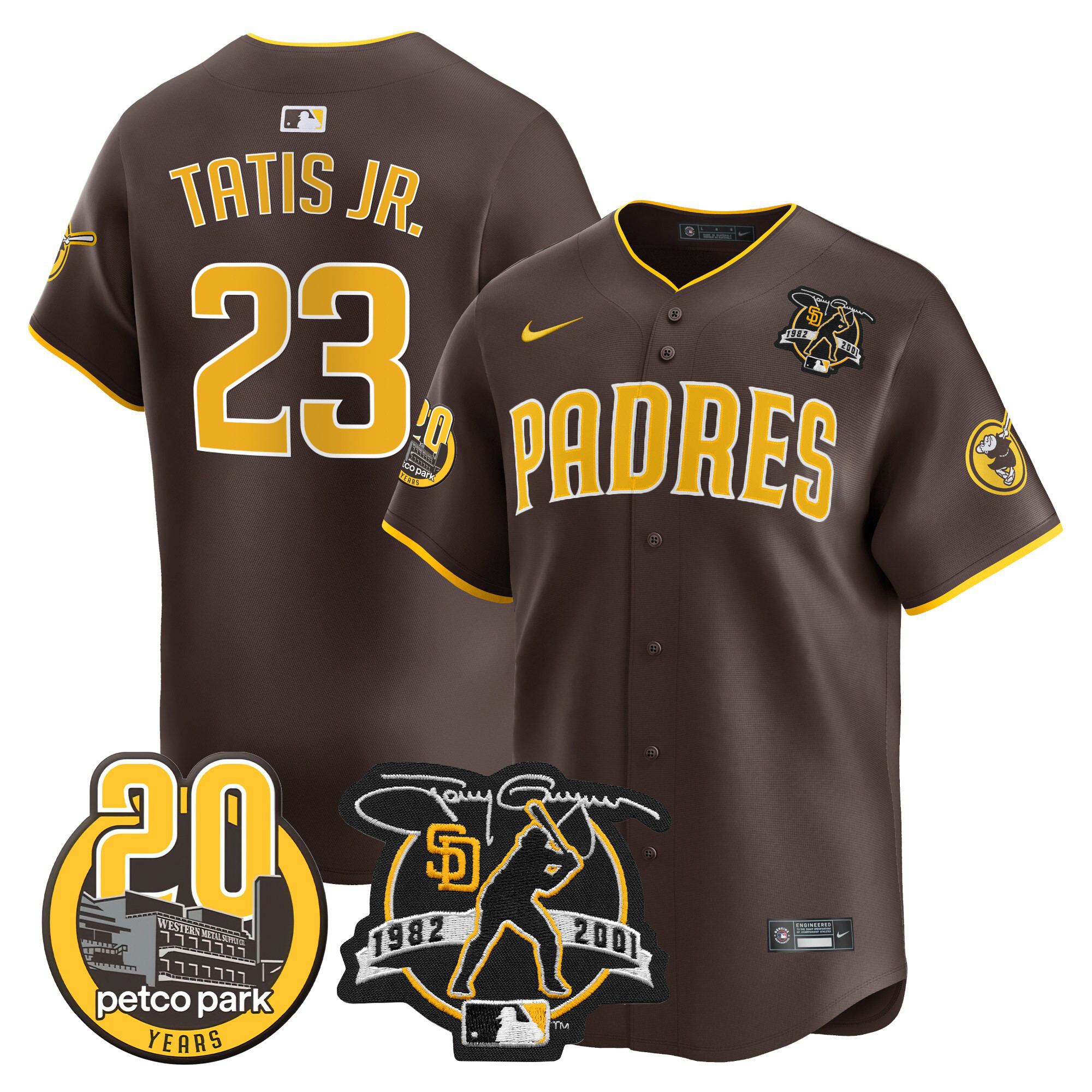 Fernando Tatis Jr. Men's San Diego Padres Tony Gwynn & Petco Park 20th Patch Vapor Premier Limited Brown Jersey - All Stitched