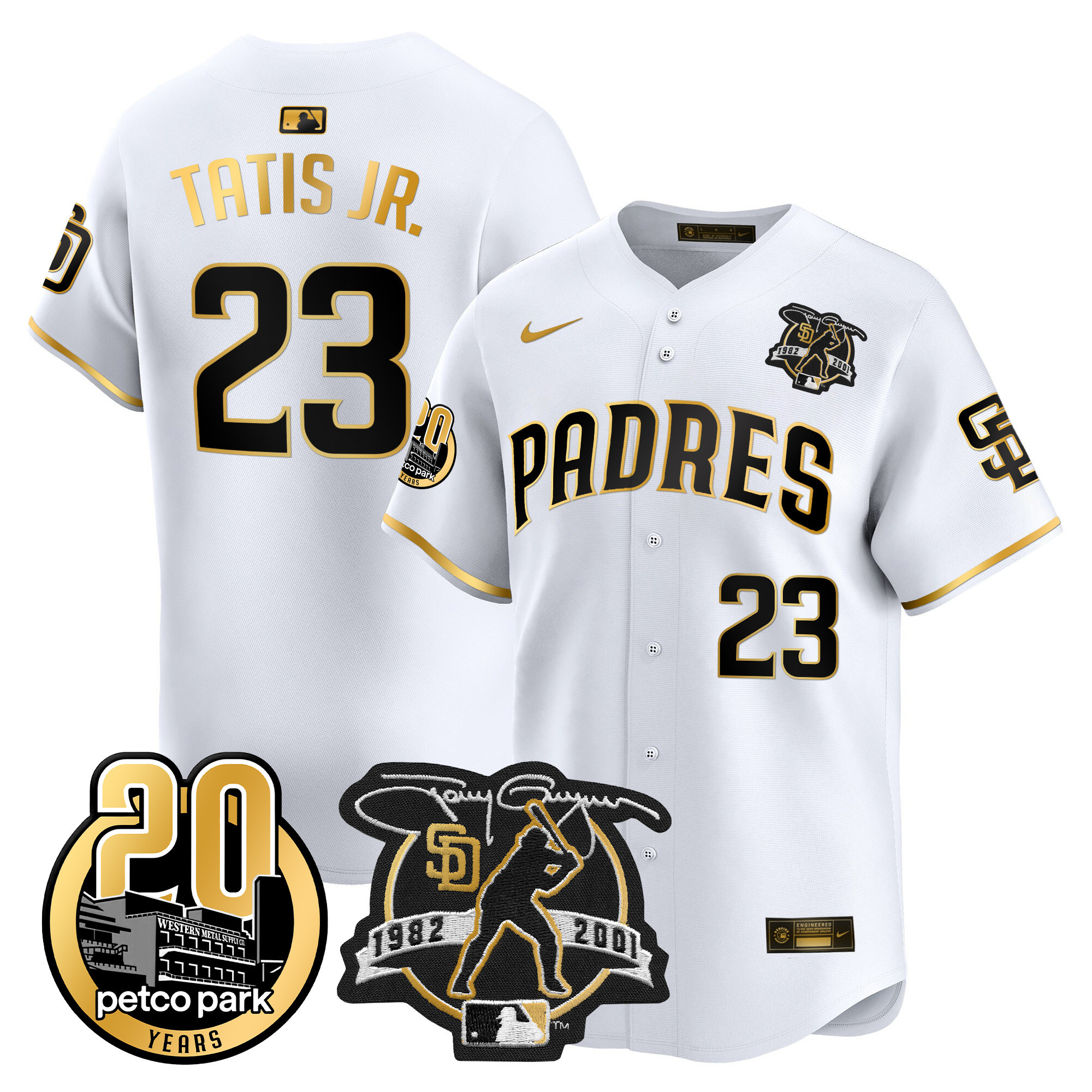 Fernando Tatis Jr. Men's San Diego Padres Tony Gwynn & Petco Park 20th Patch Vapor Premier Limited White Gold Jersey - All Stitched