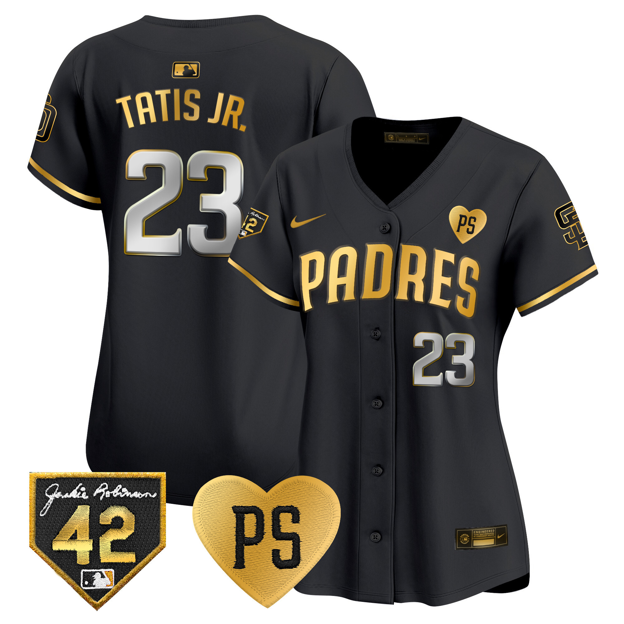 Fernando Tatis Jr. Women's San Diego Padres 2024 "For Peter" & Robinson Patch Vapor Premier Limited Black Gold Jersey - All Stitched