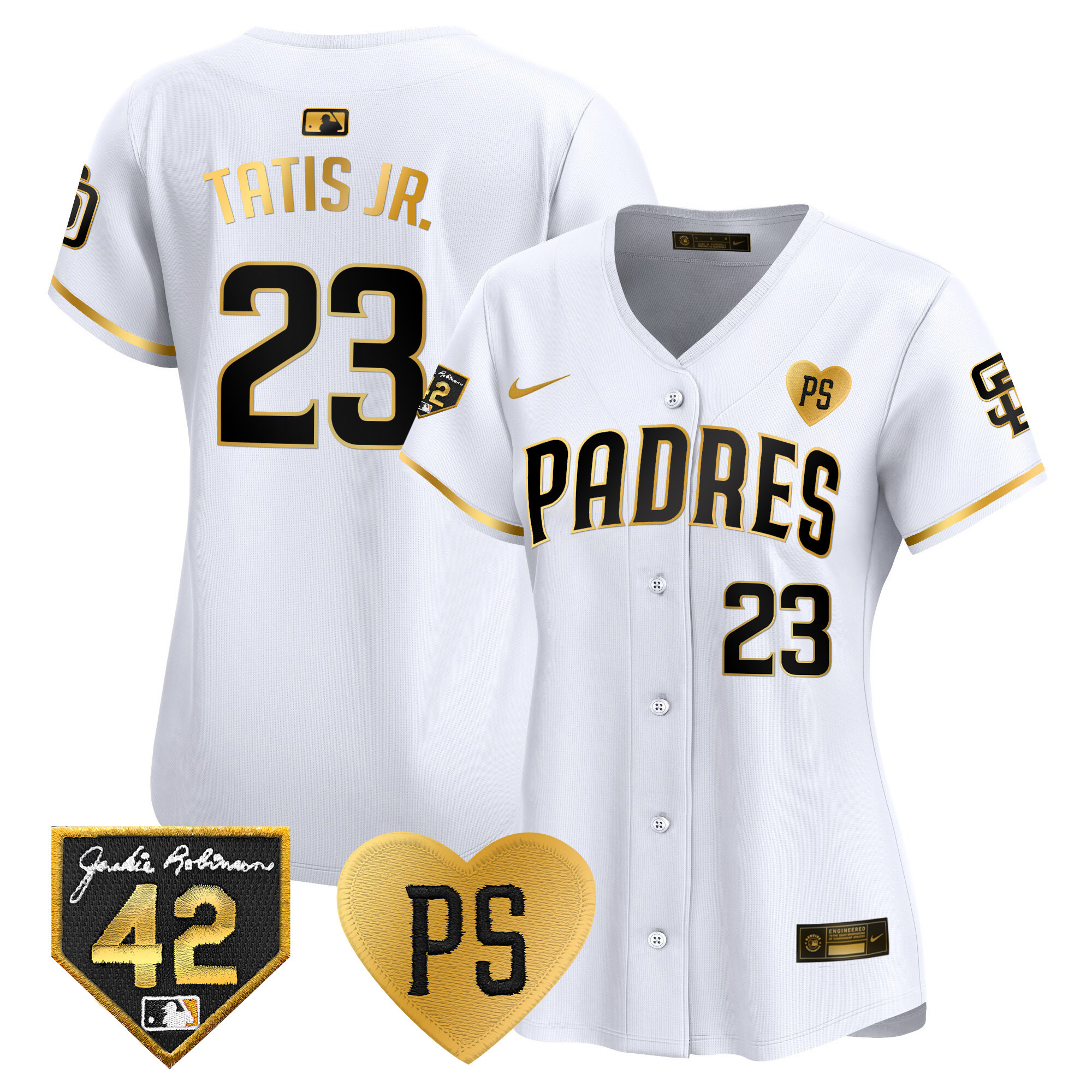 Fernando Tatis Jr. Women's San Diego Padres 2024 "For Peter" & Robinson Patch Vapor Premier Limited White Gold Jersey - All Stitched