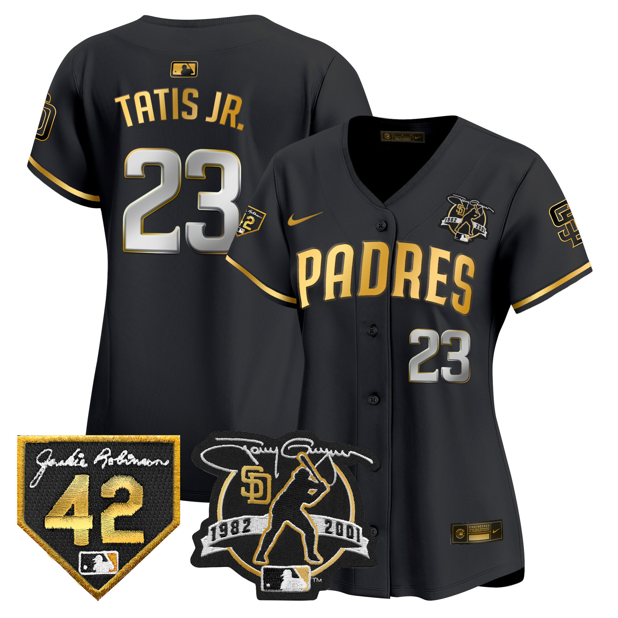 Fernando Tatis Jr. Women's San Diego Padres 2024 Tony Gwynn & Robinson Patch Vapor Premier Limited Black Gold Jersey - All Stitched