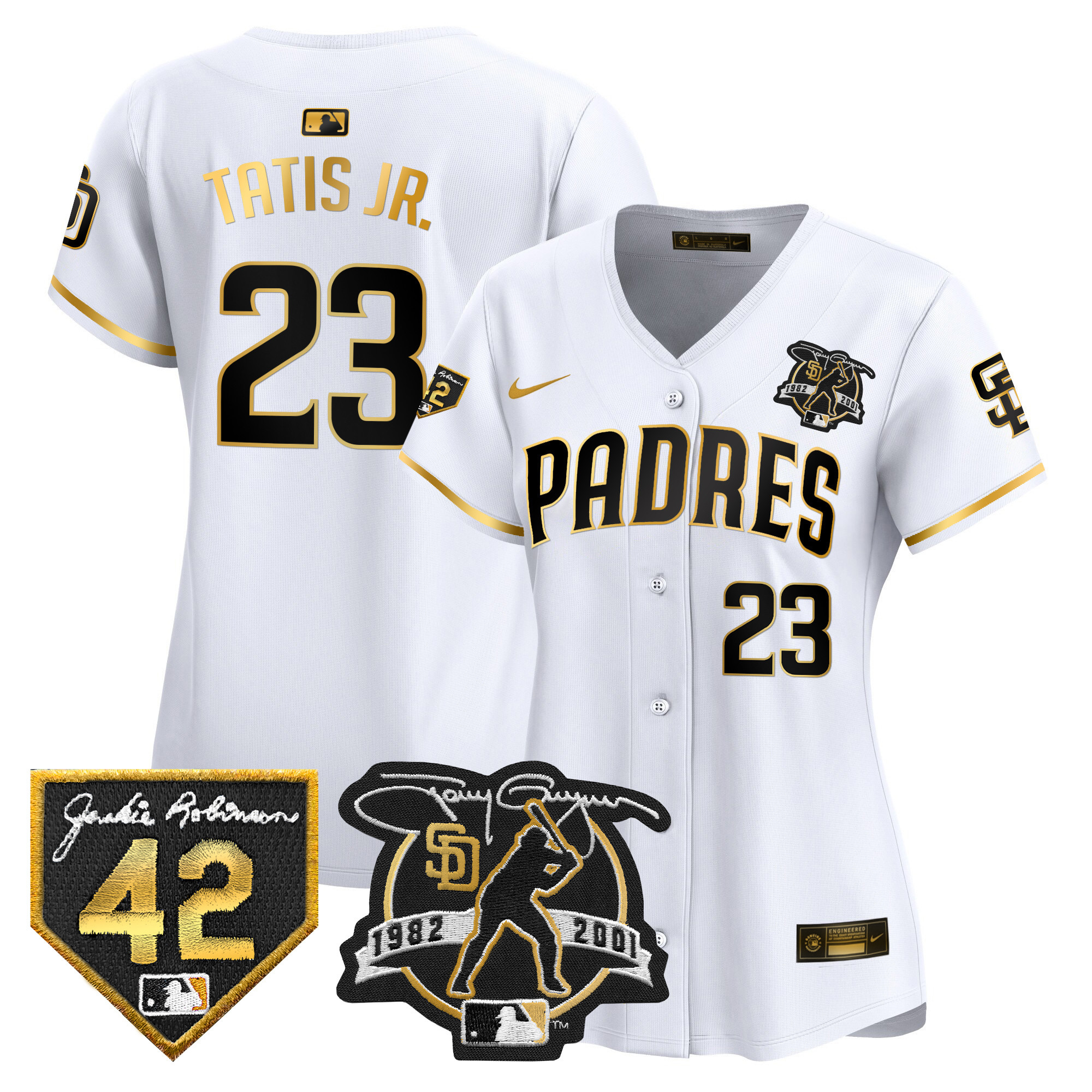 Fernando Tatis Jr. Women's San Diego Padres 2024 Tony Gwynn & Robinson Patch Vapor Premier Limited White Gold Jersey - All Stitched