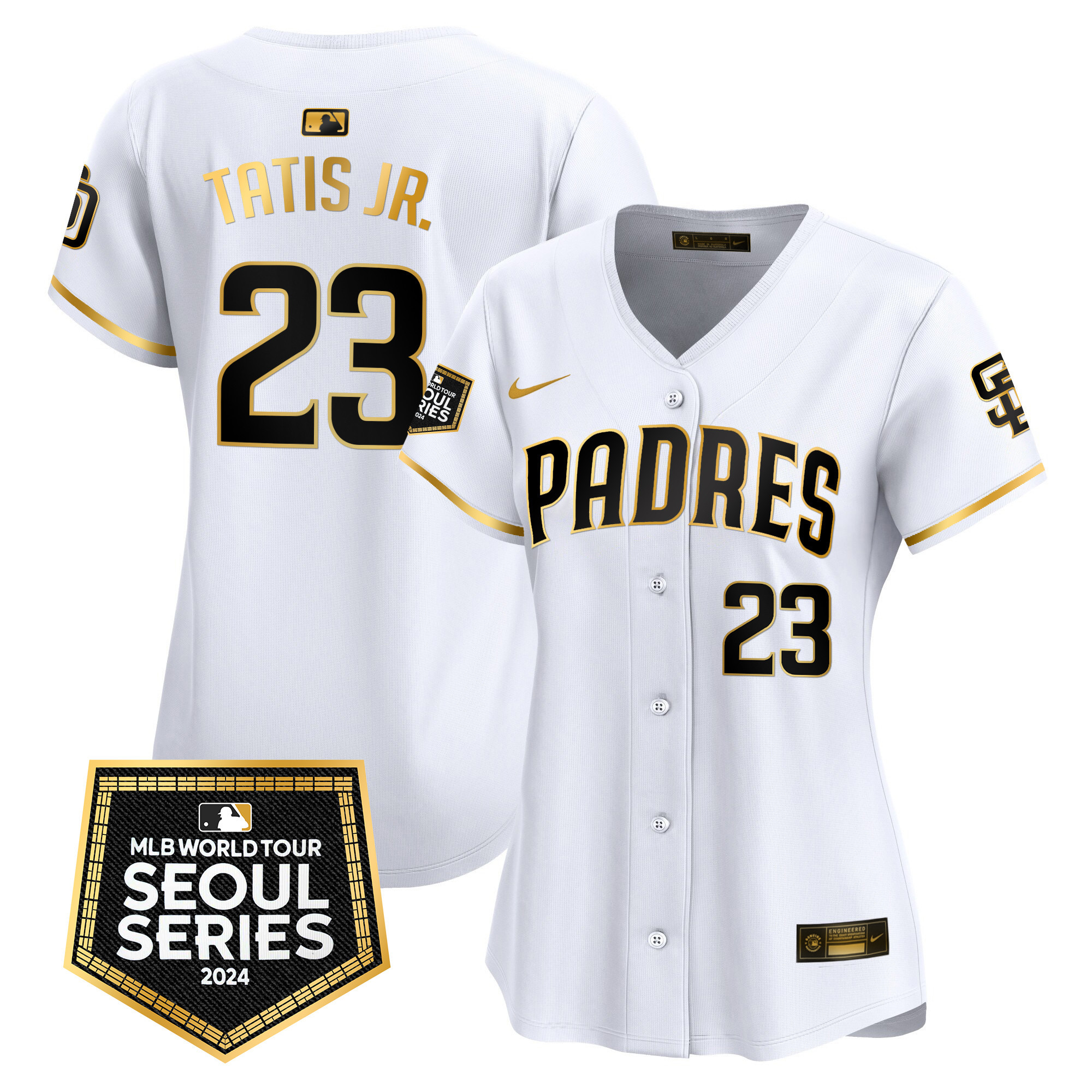 Fernando Tatis Jr. Women's San Diego Padres 2024 World Tour Seoul Series Patch Vapor Premier Limited White Gold Jersey - All Stitched