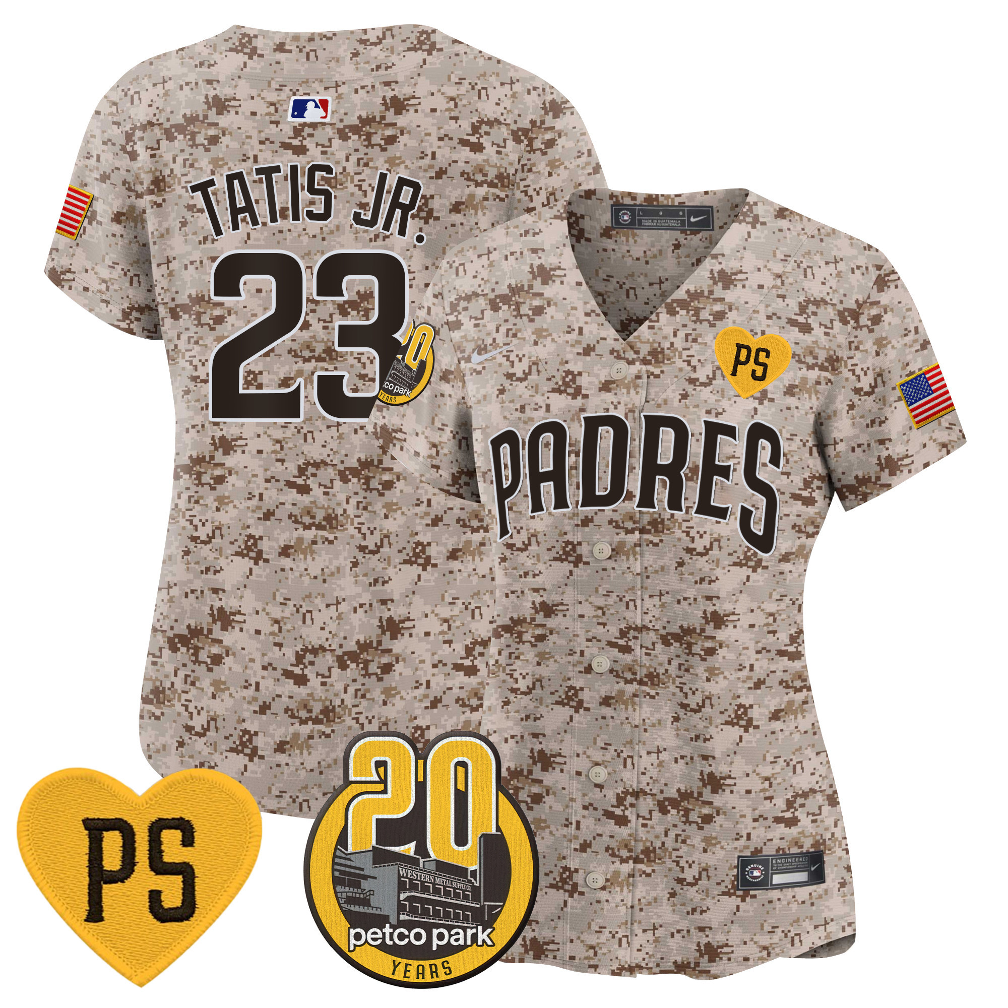 Fernando Tatis Jr. Women's San Diego Padres "For Peter" & Petco Park 20th Patch USMC Vapor Premier Limited Desert Jersey - All Stitched