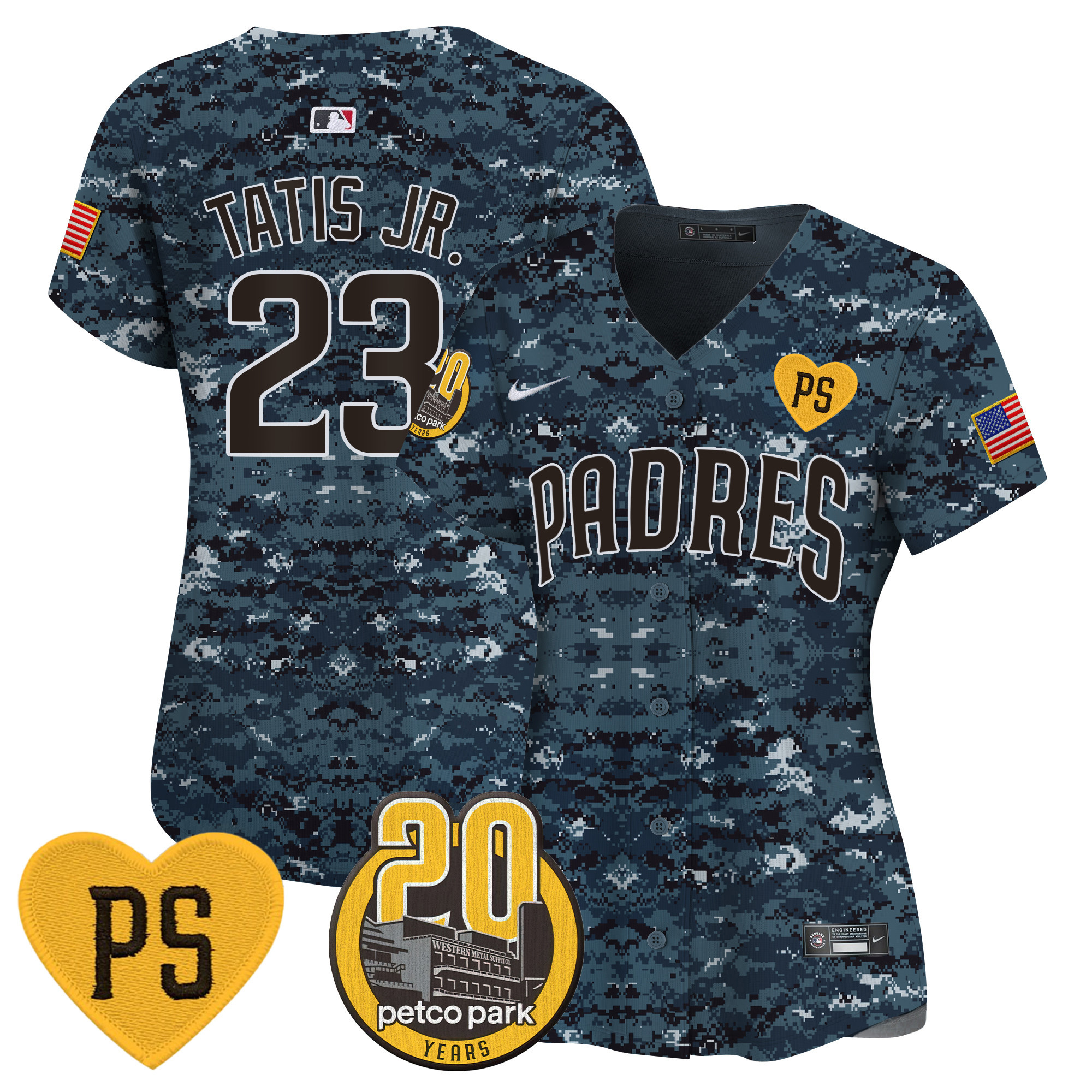 Fernando Tatis Jr. Women's San Diego Padres "For Peter" & Petco Park 20th Patch USMC Vapor Premier Limited Navy Jersey - All Stitched