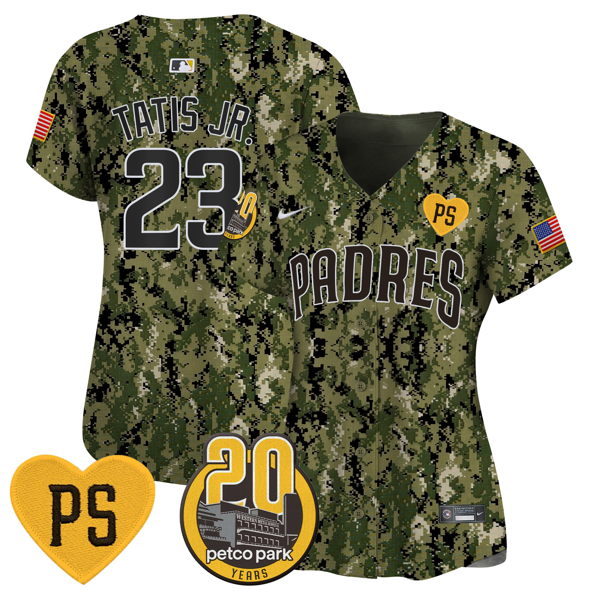 Fernando Tatis Jr. Women's San Diego Padres "For Peter" & Petco Park 20th Patch USMC Vapor Premier Limited Woodland Jersey - All Stitched