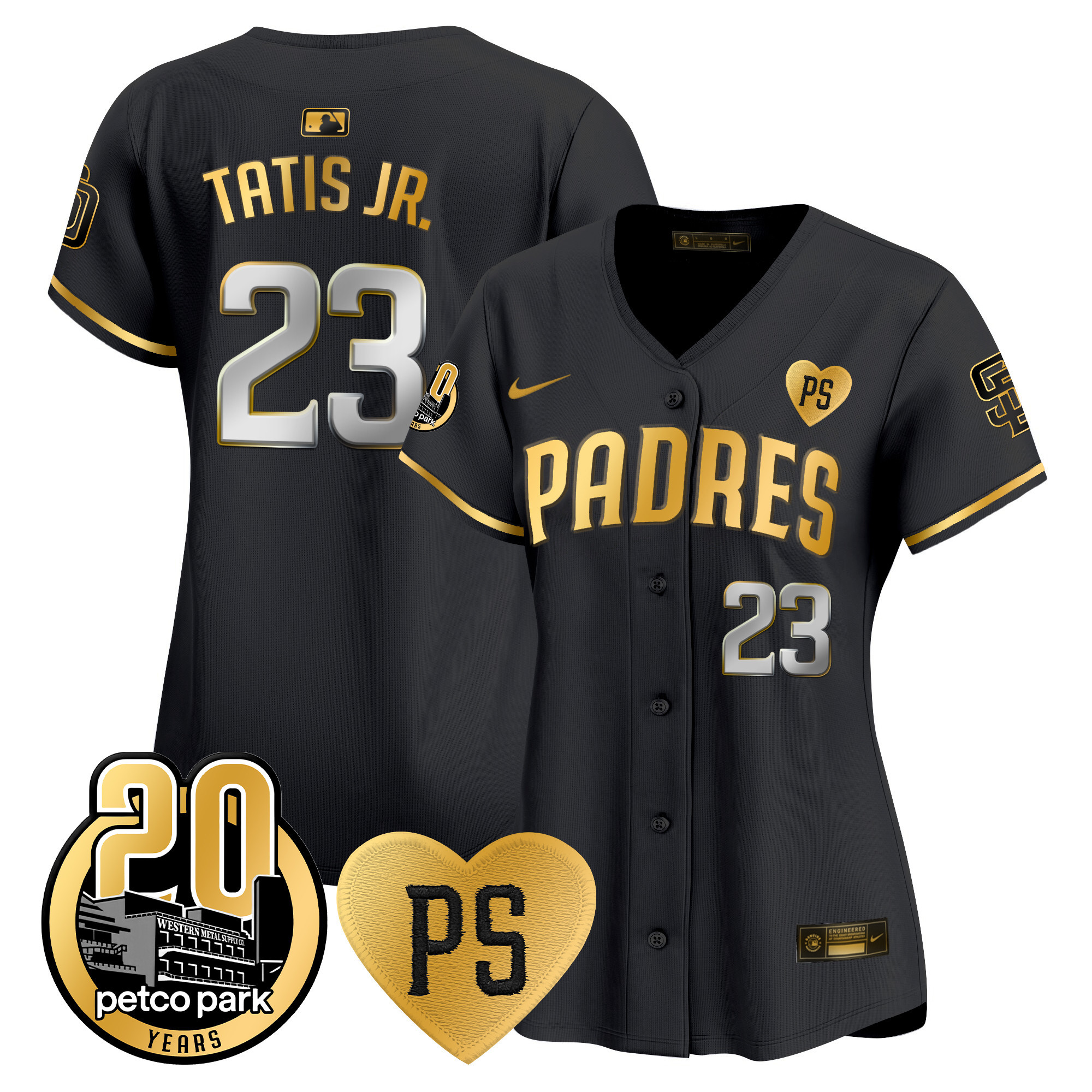 Fernando Tatis Jr. Women's San Diego Padres "For Peter" & Petco Park 20th Patch Vapor Premier Limited Black Gold Jersey - All Stitched