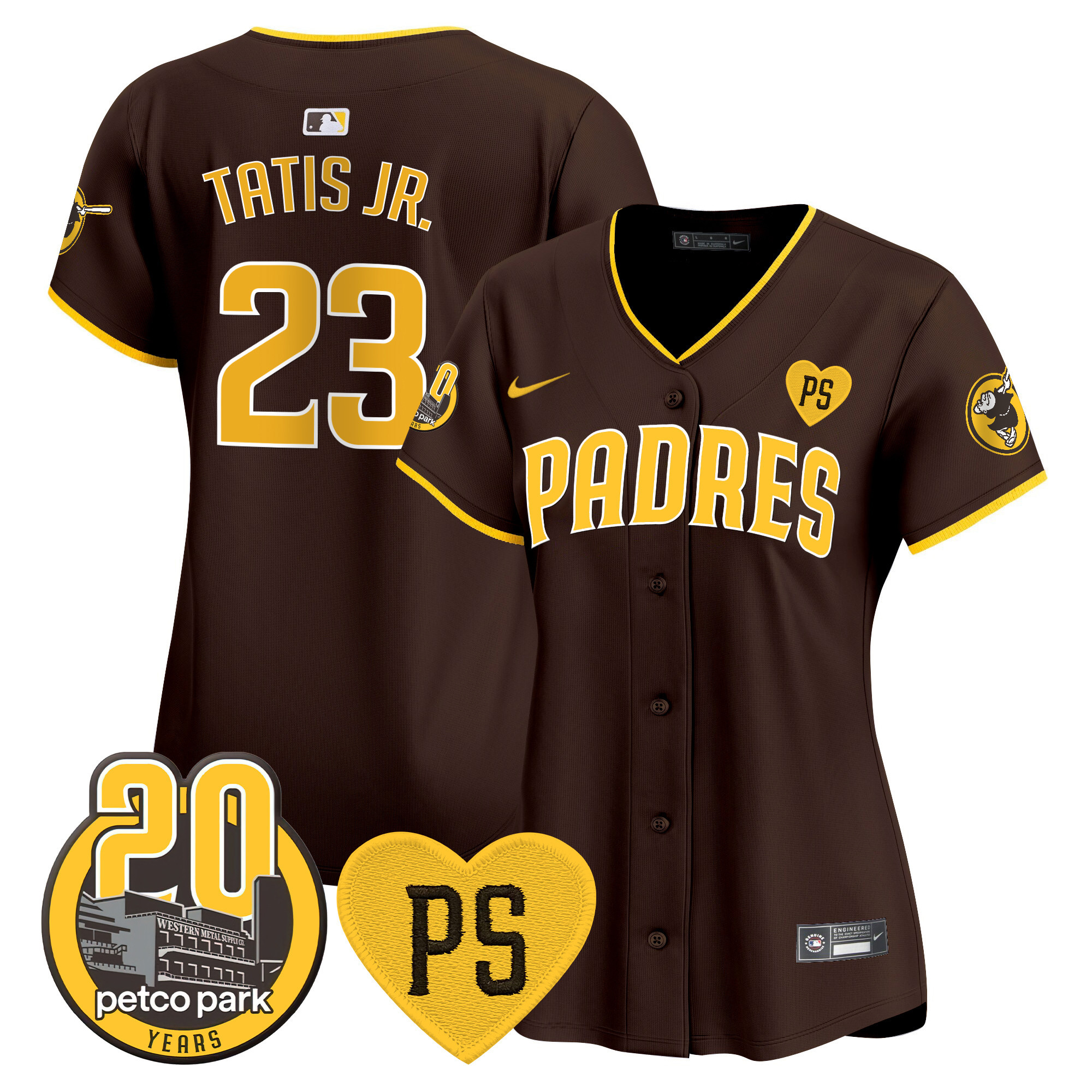 Fernando Tatis Jr. Women's San Diego Padres "For Peter" & Petco Park 20th Patch Vapor Premier Limited Brown Jersey - All Stitched