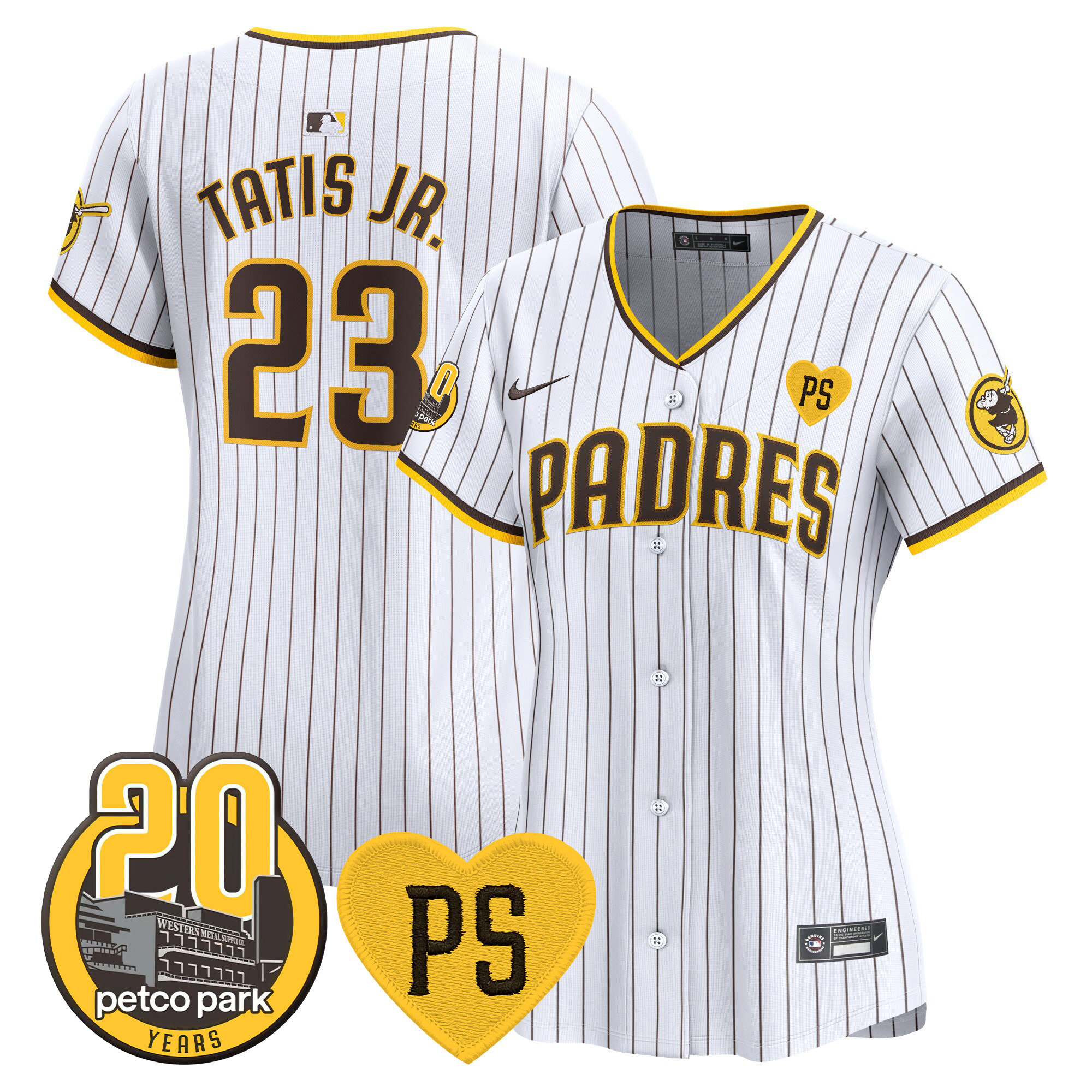 Fernando Tatis Jr. Women's San Diego Padres "For Peter" & Petco Park 20th Patch Vapor Premier Limited White Jersey - All Stitched