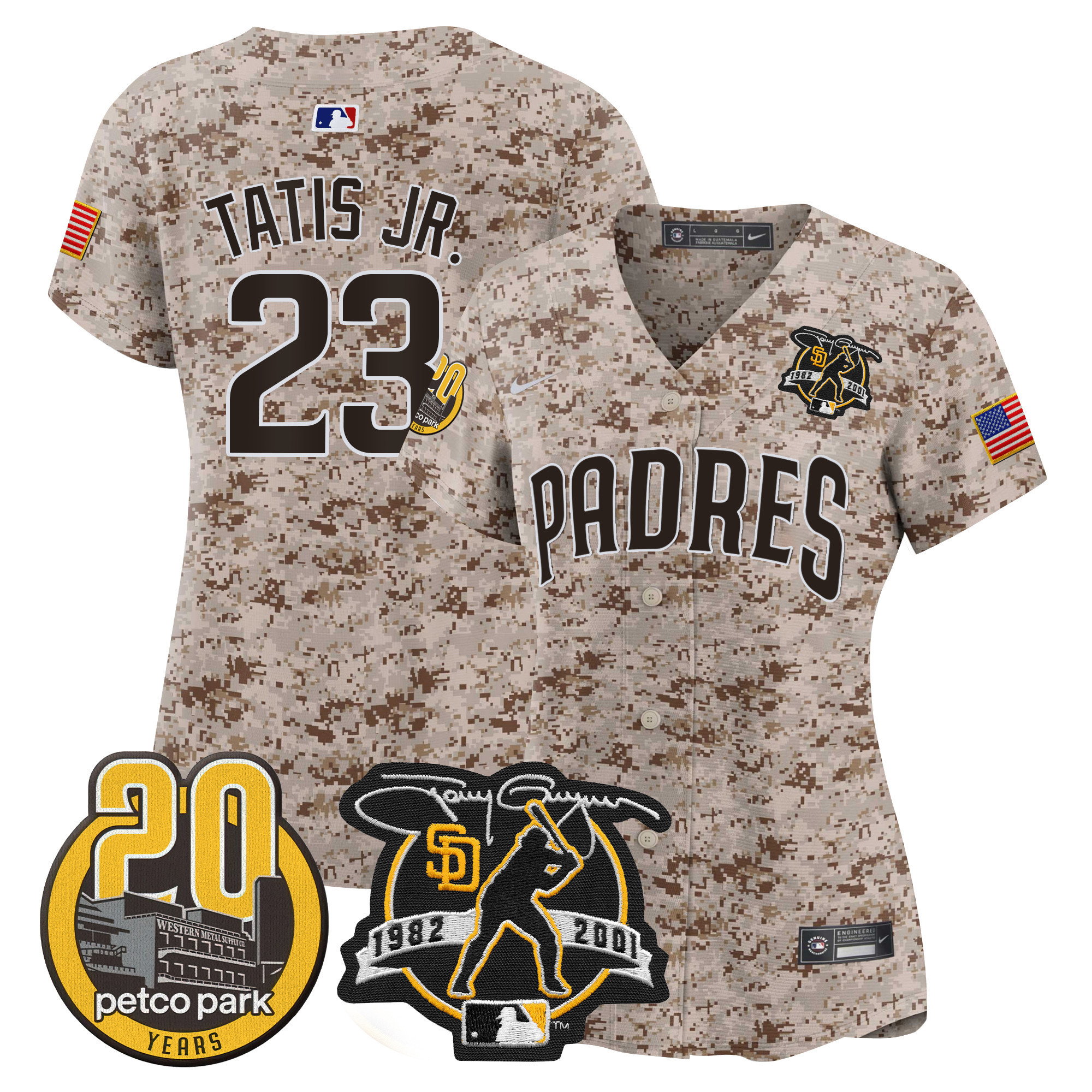 Fernando Tatis Jr. Women's San Diego Padres Tony Gwynn & Petco Park 20th Patch USMC Vapor Premier Limited Desert Jersey - All Stitched