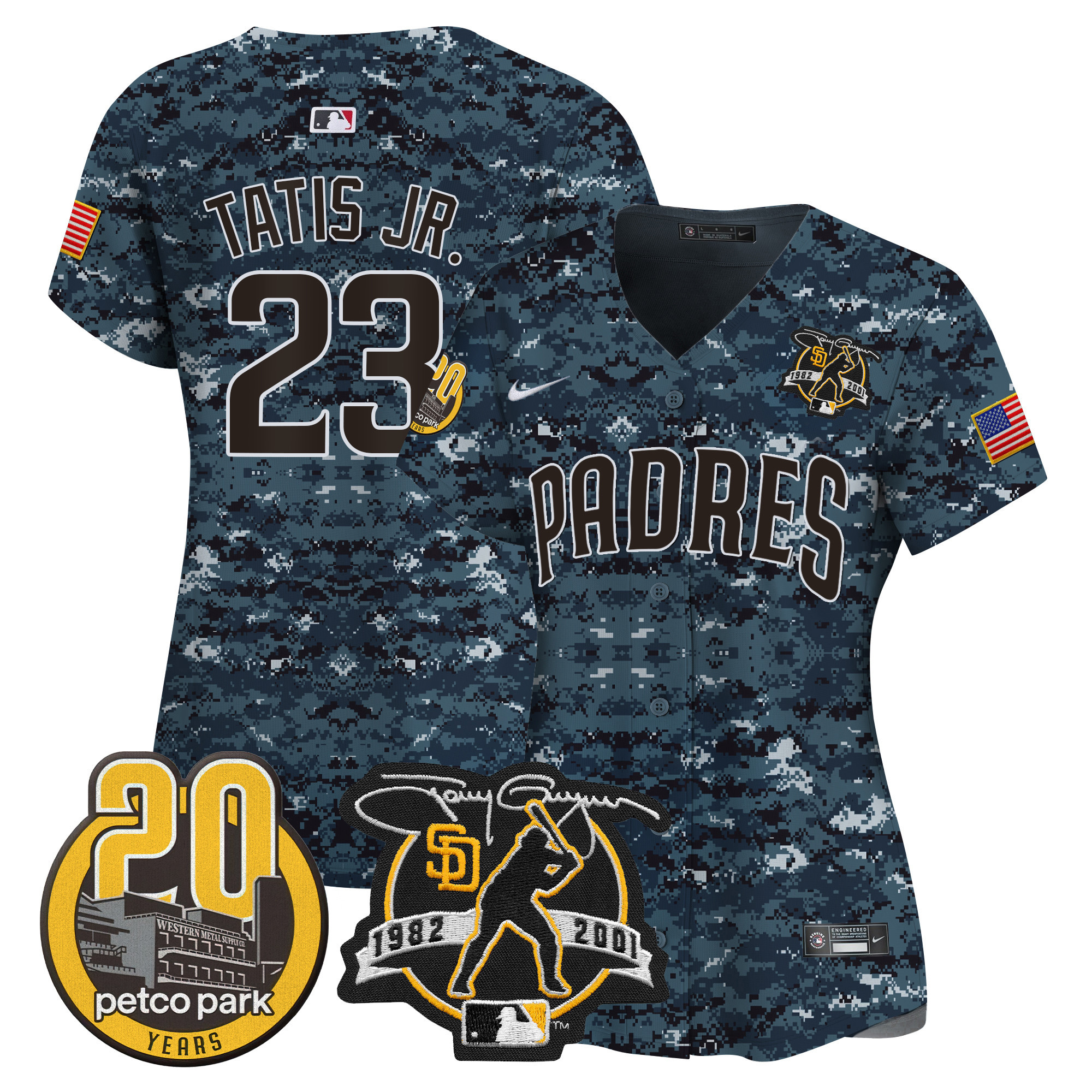 Fernando Tatis Jr. Women's San Diego Padres Tony Gwynn & Petco Park 20th Patch USMC Vapor Premier Limited Navy Jersey - All Stitched