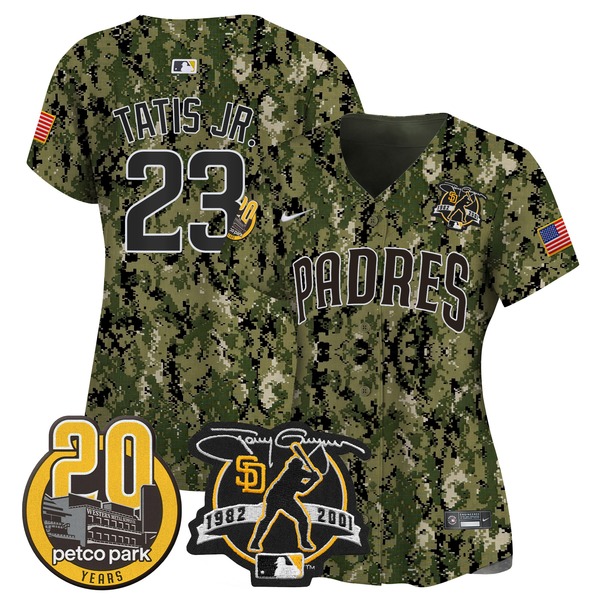 Fernando Tatis Jr. Women's San Diego Padres Tony Gwynn & Petco Park 20th Patch USMC Vapor Premier Limited Woodland Jersey - All Stitched